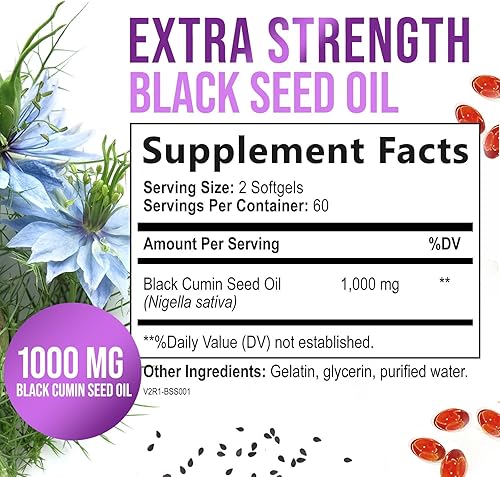 Miniatura 2 de Cápsulas de aceite de semilla negra de 1000 mg con timoquinona, nigella sativa pura para la salud de la piel y apoyo inmunológico, 100% aceite de