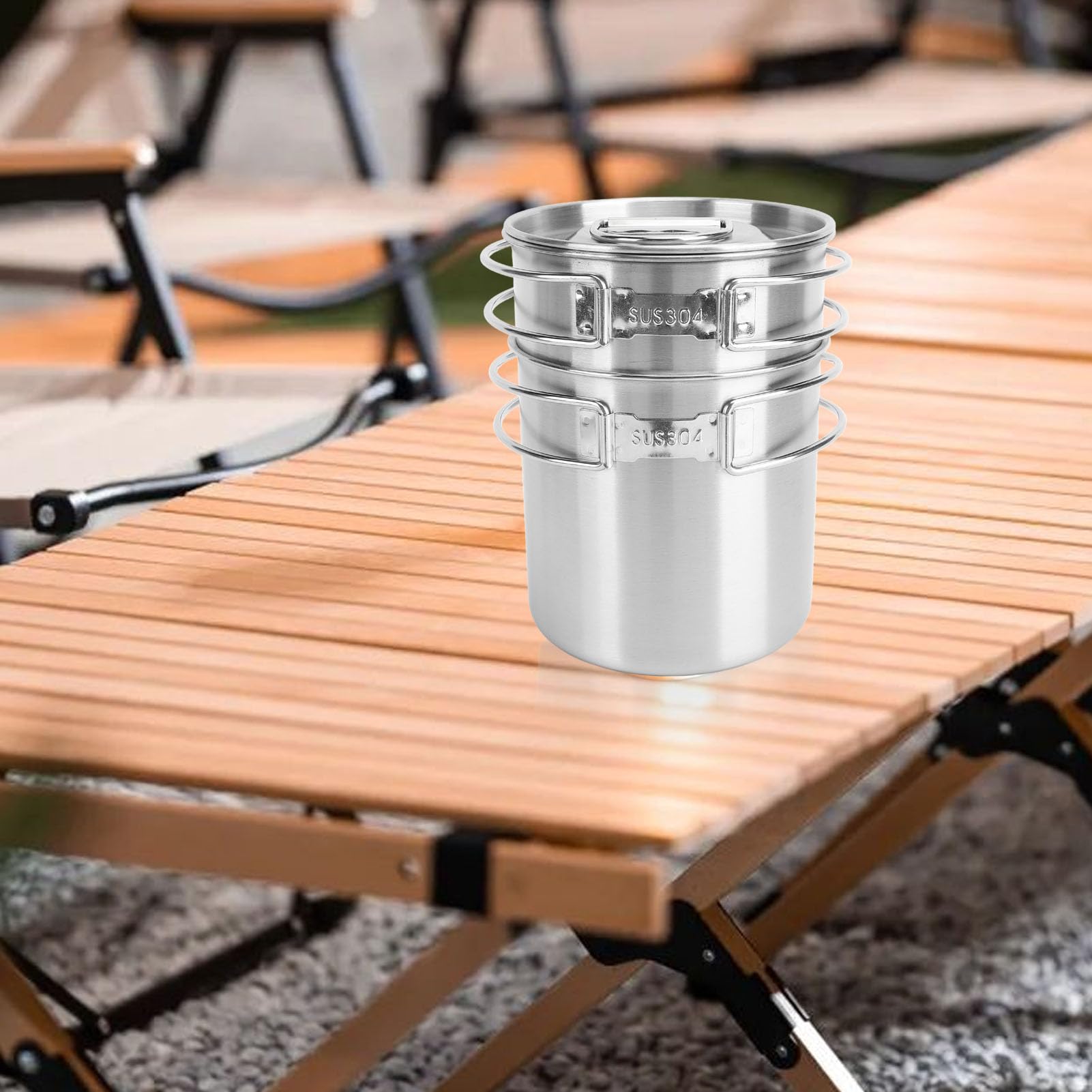 Zerodis Camping Cook Set,Stainless Steel Outdoor Cookware Set with Lid Foldable Camping Pot and Pan Set for Backpacking Hiking