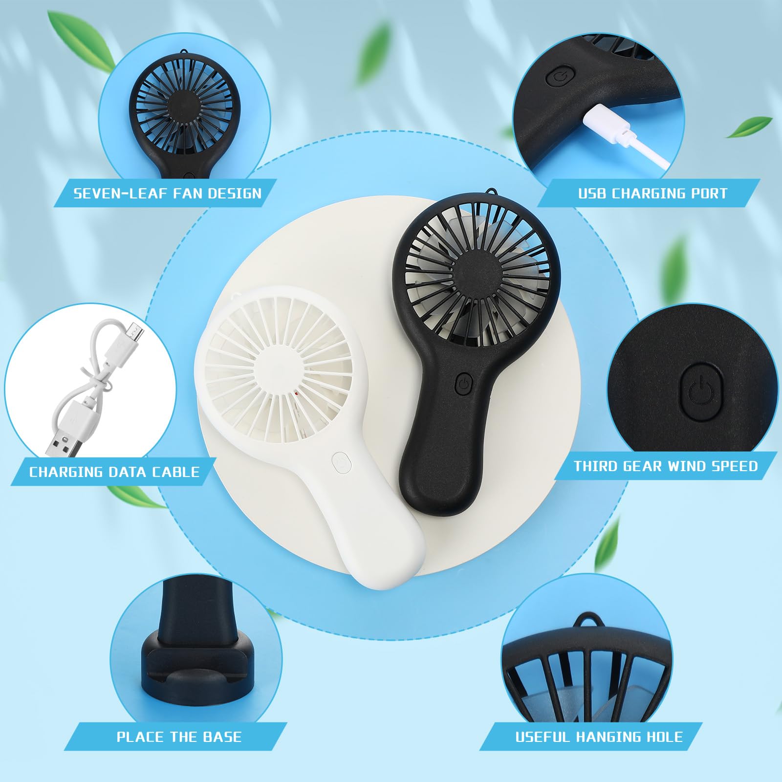 Woanger Confezione da 24 mini ventilatori portatili USB con linea dati, a batteria, ricaricabile, ventilatore elettrico portatile da viaggio (bianco, nero, 3 velocità)