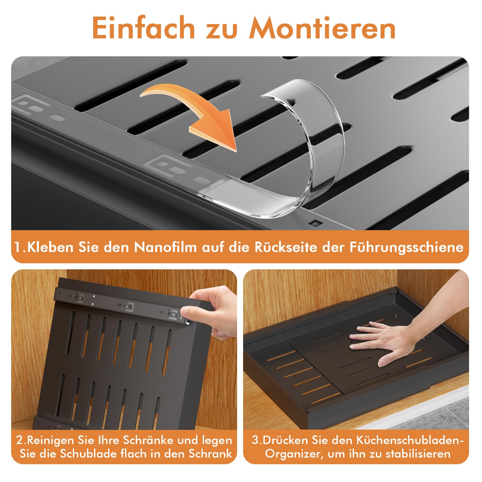 Jayencer Teleskopschublade, Aufklebbare Schublade, Verstellbare Breite Ausziehbarer Schrank Organizer(31-52cm L x 42 cm T x 6 cm H), Schubladen für Küchenschrank Schrank (Schwarz-2 Stück)