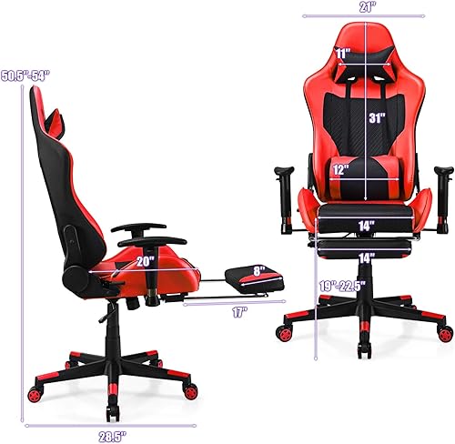 Miniatura 9 de Giantex Silla de juegos de masaje, silla ergonómica de videojuegos con reposapiés, silla de computadora E-Sport con respaldo alto con reposacabezas