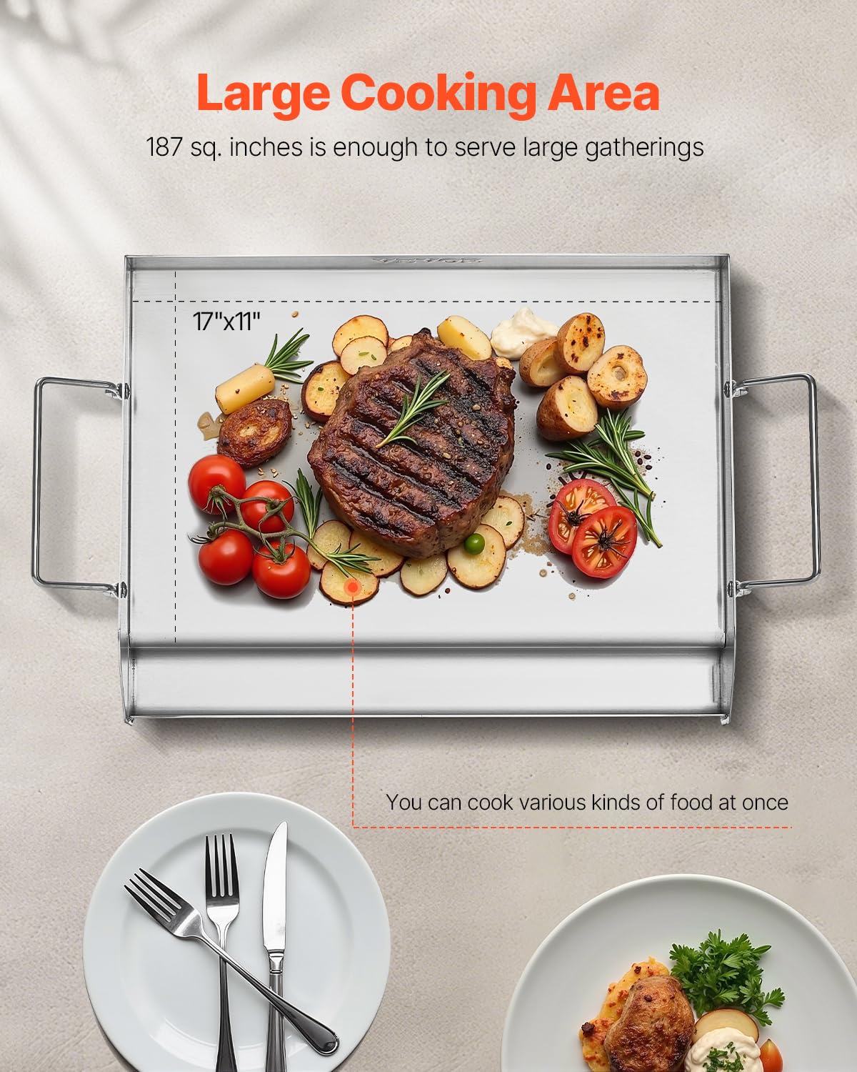VEVOR Uniwersalny grill ze stali nierdzewnej z prostokątną płytą 425 x 270 mm o płaskiej powierzchni, żelazko gazowe do grilla, przenośne przybory kuchenne z uchwytem, kolor stali oryginalnej