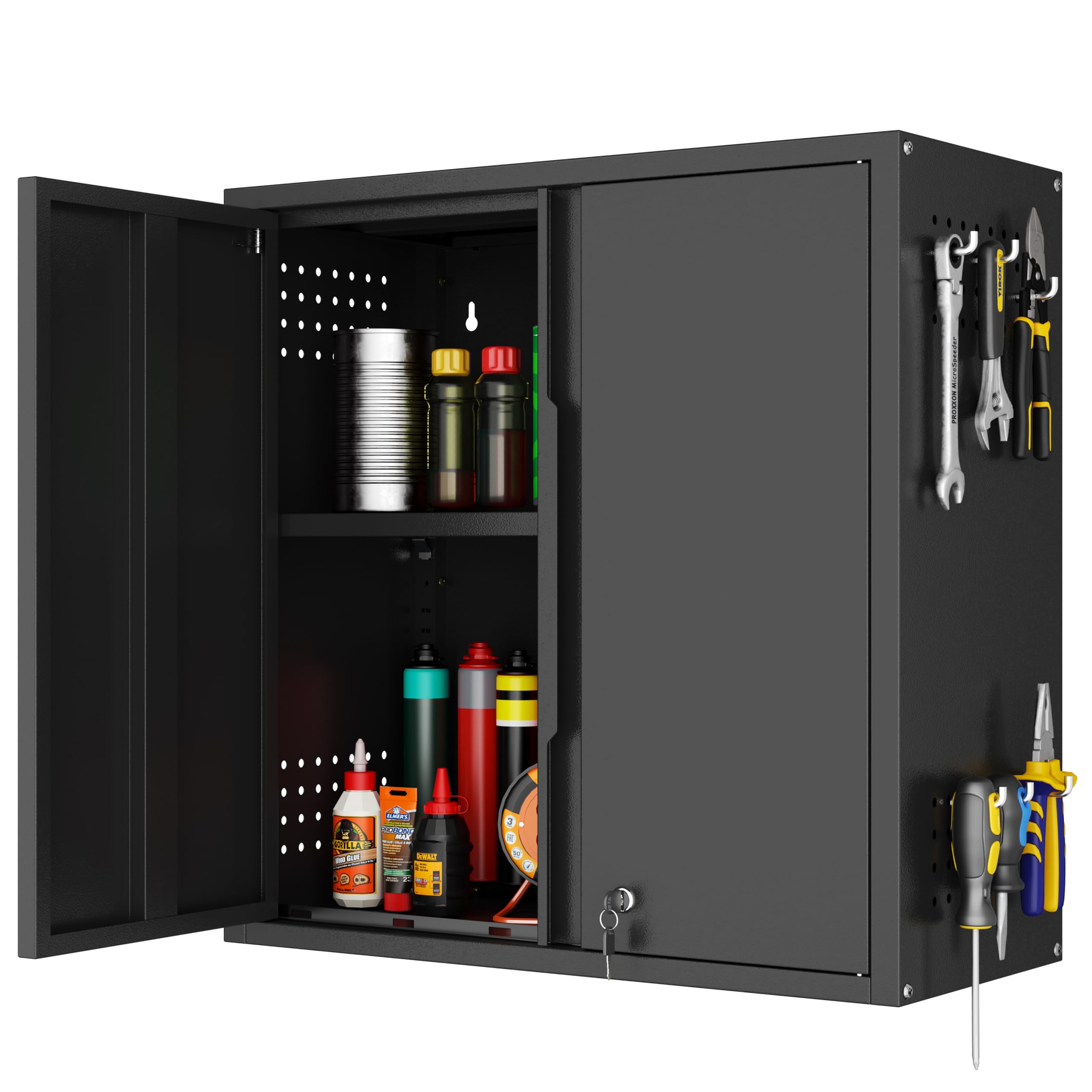 Yoonkool Garage Wall Cabinet, Metal Wall Cabinets with 2 Doors, Wall Cabinet with Lock, 26'' Black Wall Mounted Floating Tool Cabinets for Home Office