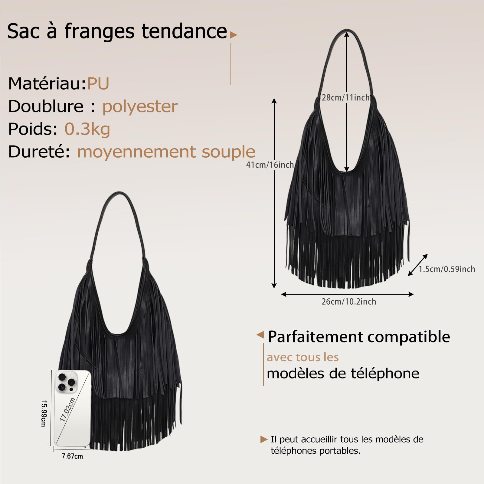 Sac à Main Femme avec Franges Sacs Portés Épaule en Cuir PU Style Bohème Chic Sac sous-Bras pour Idée Cadeau Usage Quotidien Noir
