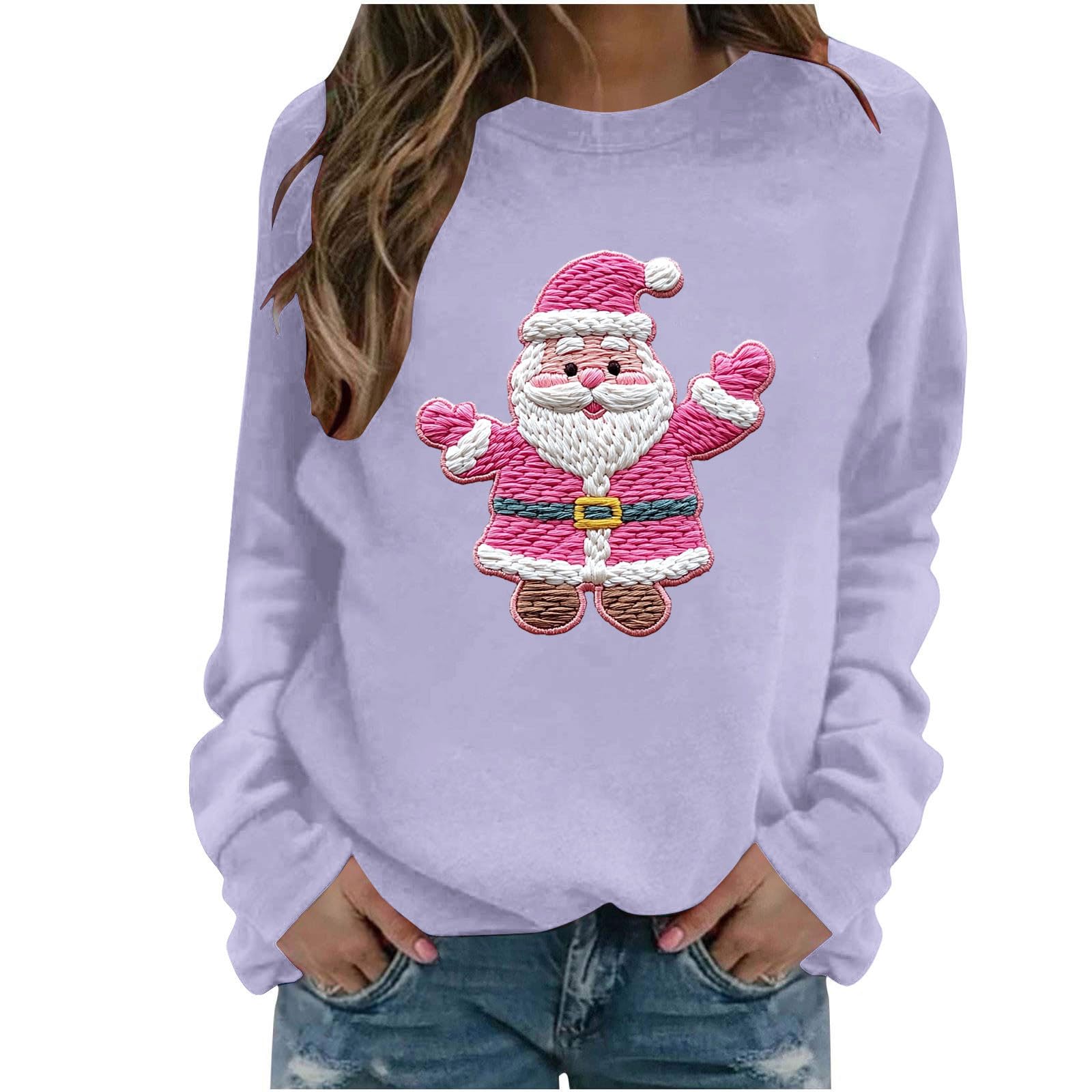 Womens Christmas Sweatshirts Embroidered Santa Print Crewneck Long Sleeve Pullover Top Cute Ugly Xmas Holiday Sweater