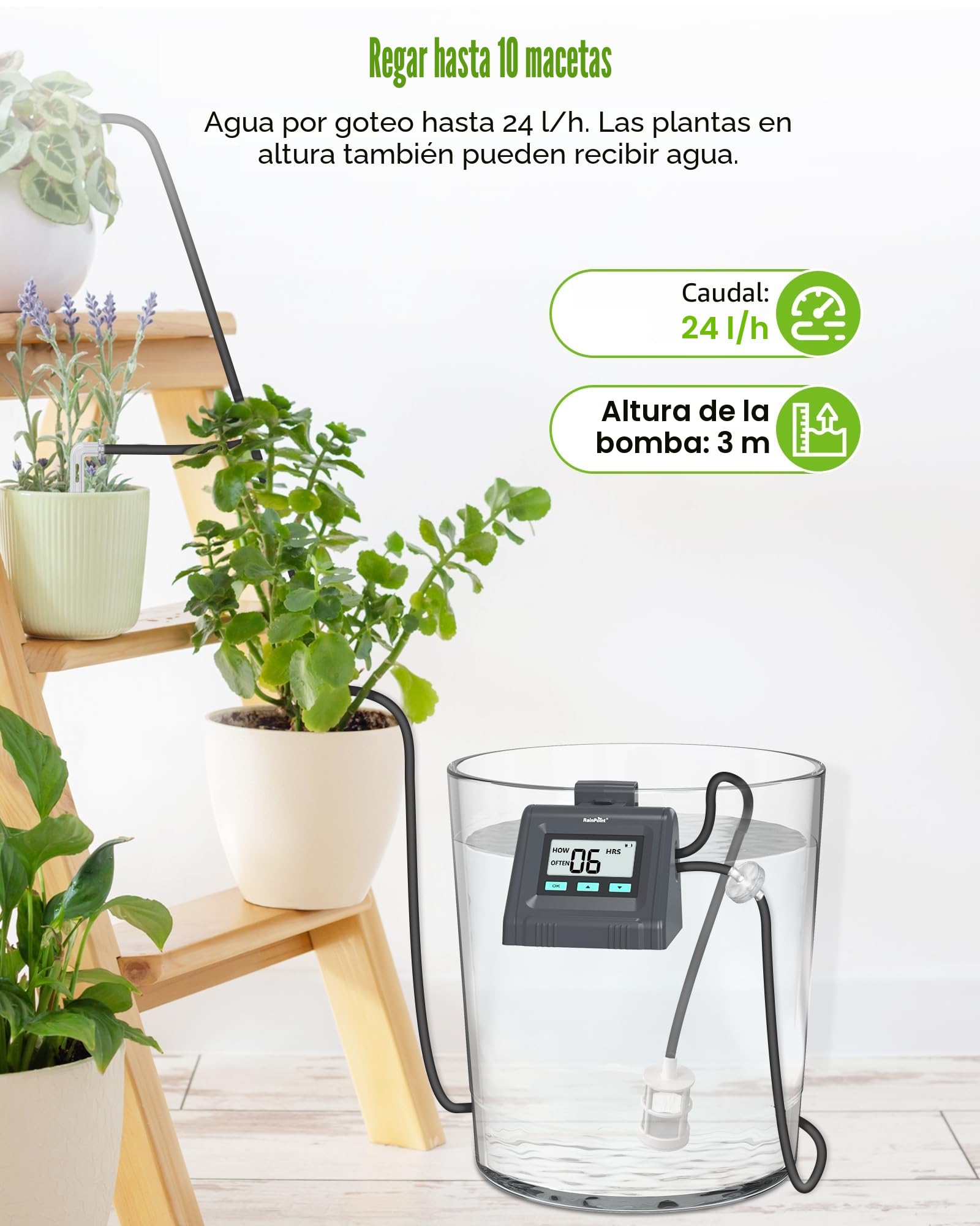 RAINPOINT Riego por Goteo Automático, Volumen de Agua Ajustable, Sistema de Riego Automático para Hasta 10 Plantas y Macetas de Interior