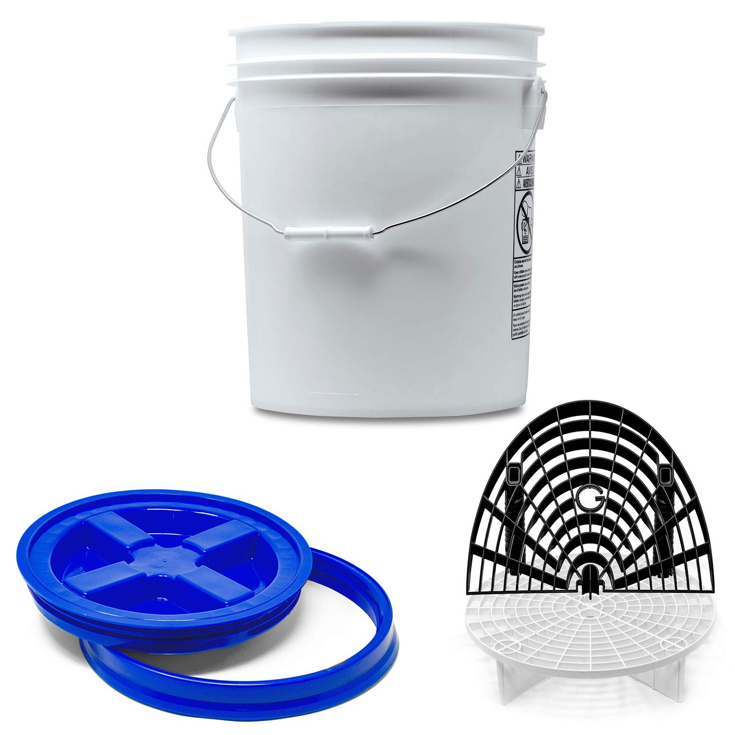 Detailmate professionelles Wasch Eimer Set: Magic Bucket Wascheimer 5 GAL (ca. 20 Liter), Gamma Seal Eimerdeckel blau, GritGuard Schmutz Einsatz weiß, GritGuard Washboard schwarz