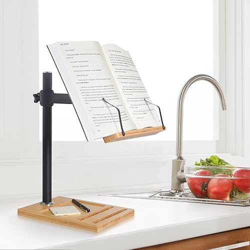 Miniatura 8 de wishacc - Soporte ajustable para libros, con ranura para teléfono y clips para página, plegable para libros de cocina, partituras, laptop, receta,