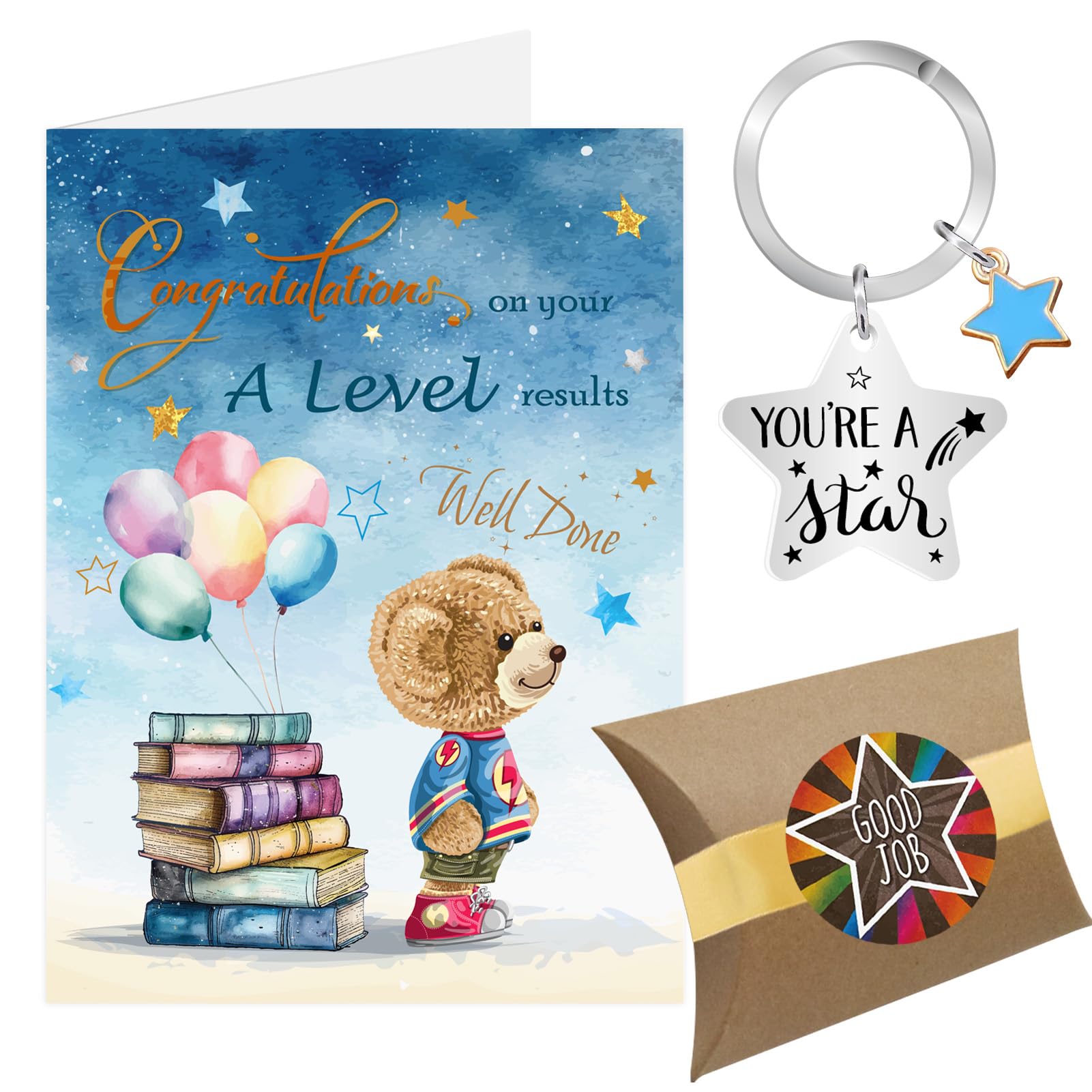A Level Exam Congratulations Card, Blue Star Congratulations on Your Exam Results Gifts Keyring, Well Done So Proud of You Passing Passed Exams Card (Blue - A Level)