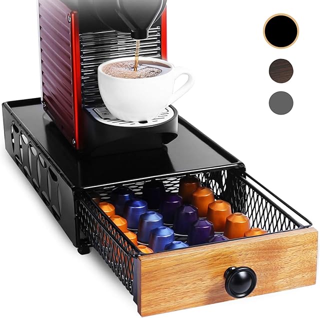 Coffee Pod Holder Drawer, Multifunctional Metal Drawer, Stackable Coffee Pods Storage Organizer for Tassimo Pod/Nespresso Original/Nespresso Vertuo Pod/Dolce Gusto Capsule -Black
