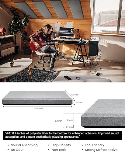Miniatura 4 de Moukey Paneles acústicos, 4 unidades, paneles de pared de fibra de vidrio de 2.4 pulgadas de grosor, 24 x 12 pulgadas, paneles autoadhesivos de