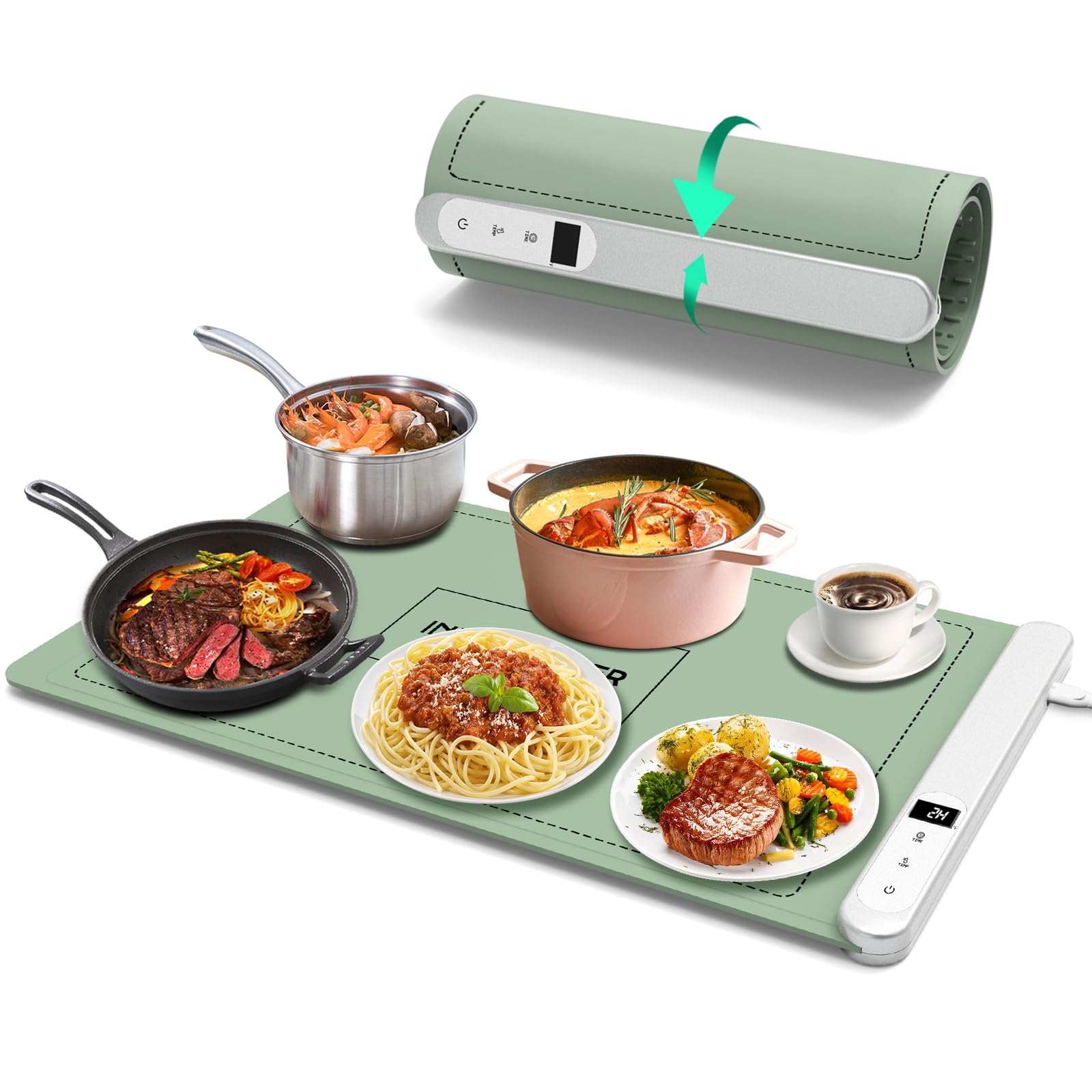 INNOWARMER Food Warming Mat - Ugrade Graphene Full Surface Heating, 500W Fast Heating, Adjustable Temperature, Food Grade Silicone, Food Warmer for