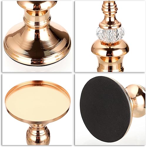 Miniatura 4 de OwnMy Juego de 3 portavelas de metal de oro rosa para velas de 3 pulgadas, elegantes soportes de velas de cristal de metal para mesa de comedor,