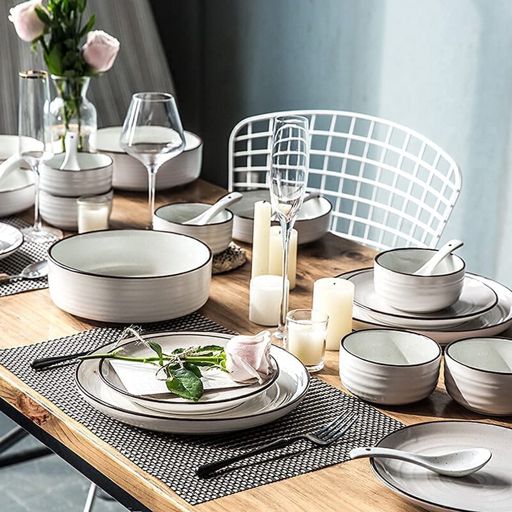 Zestaw obiadowy Luksusowy rodzinny zestaw obiadowy, Zestaw 8 kompletów naczyń dla ludzi, Ceramiczne talerze i miski w stylu nordyckim retro, 42-częściowe zestawy obiadowe, Płaskorzeźbiona porcelana