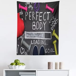 Lunarable Saying Tapestry King Size, Sport Shoes Weights Skipping and Mat on the Chalk Desk with Motivation Ttexts, Wall Hanging Bedspread Bed Cover Wall Decor, 23" X 28", Multicolor
