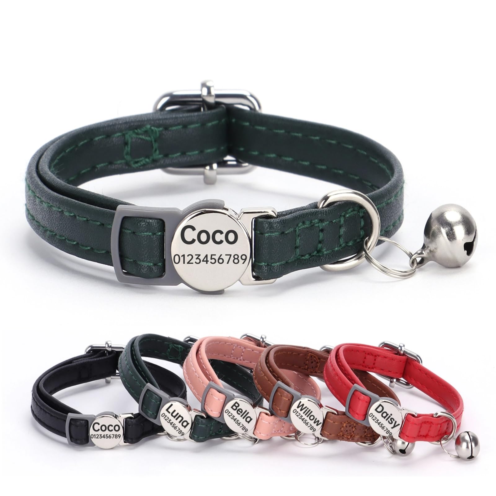 SEOUGEE Genuine Leather Cat Collar Quick Release with Personalised Name Tag, breakaway Kitten Collars with Removable Bells & Safety Release, Engraved buckle, 19-30 CM Adjustable, Forest Green