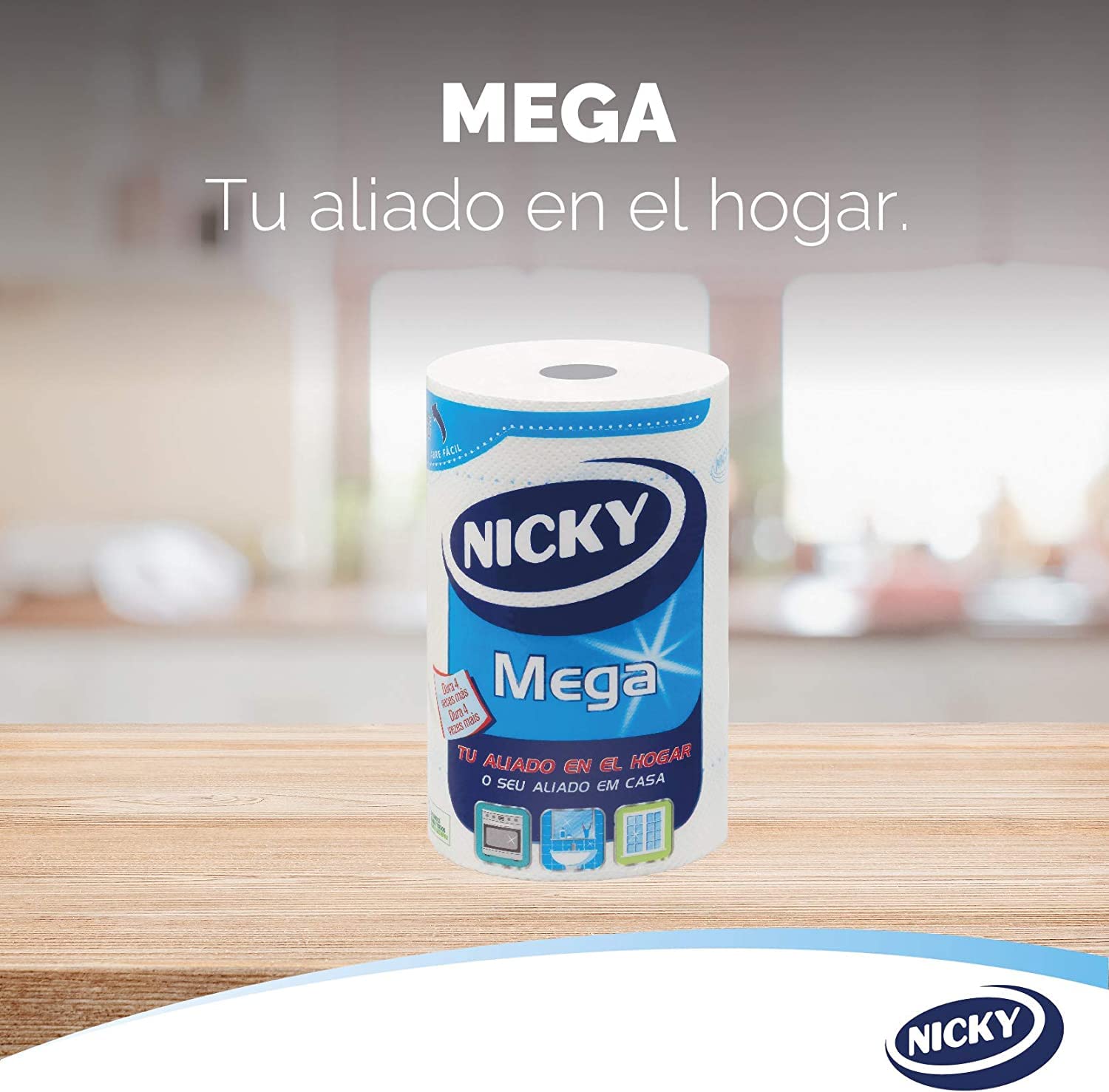 Nicky Mega Papel De Cocina - 10 Rollos de 125 Hojas De 2 Capas, Mono Rollo Compacto Que Cunde Como 4, Papel 100% Certificado FSC, Blanco
