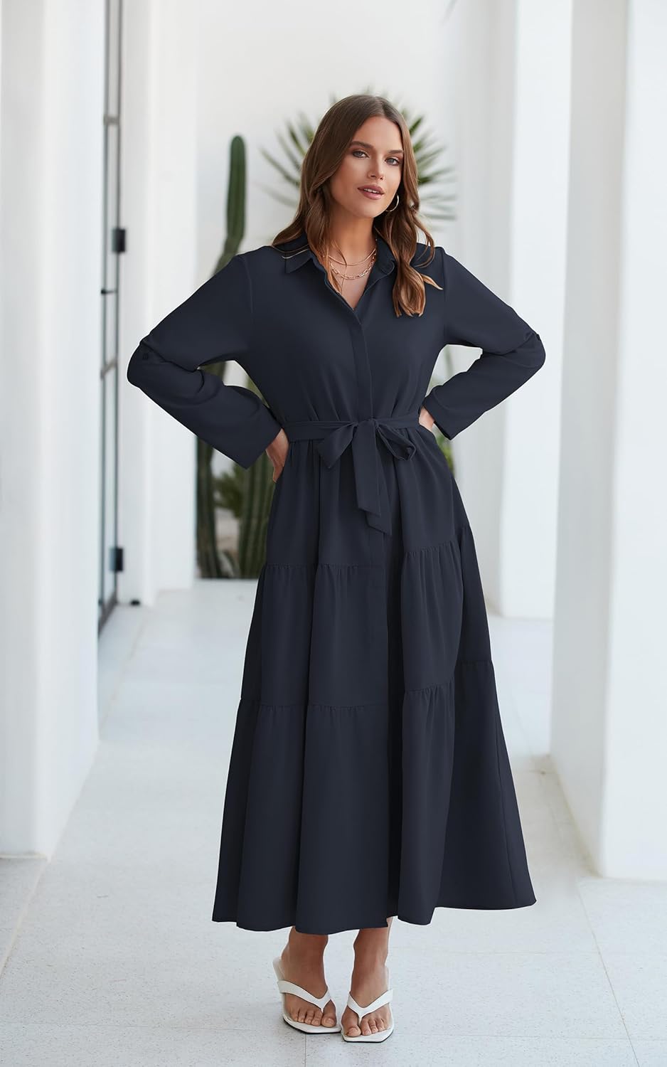 ECOWISH Women's Maxi Shirt Dress - 2026 Long Sleeve Button Casual Fall A-line Work Tiered Dresses with Belt and Pockets - Image 2