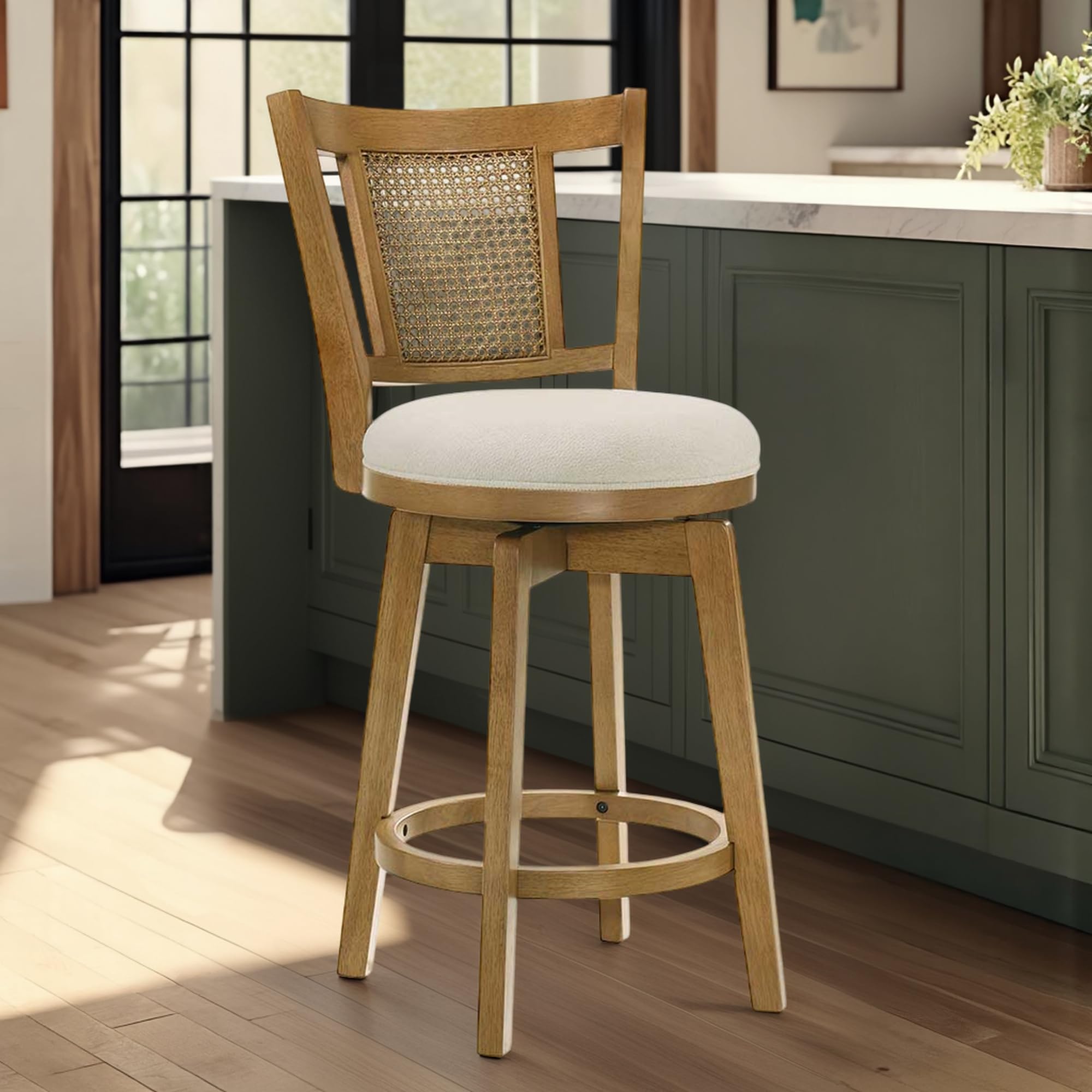 Armen Living Isla 26 in. Amber Glow Counter Height Rubberwood Swivel Barstool with Ivory Fabric Seat