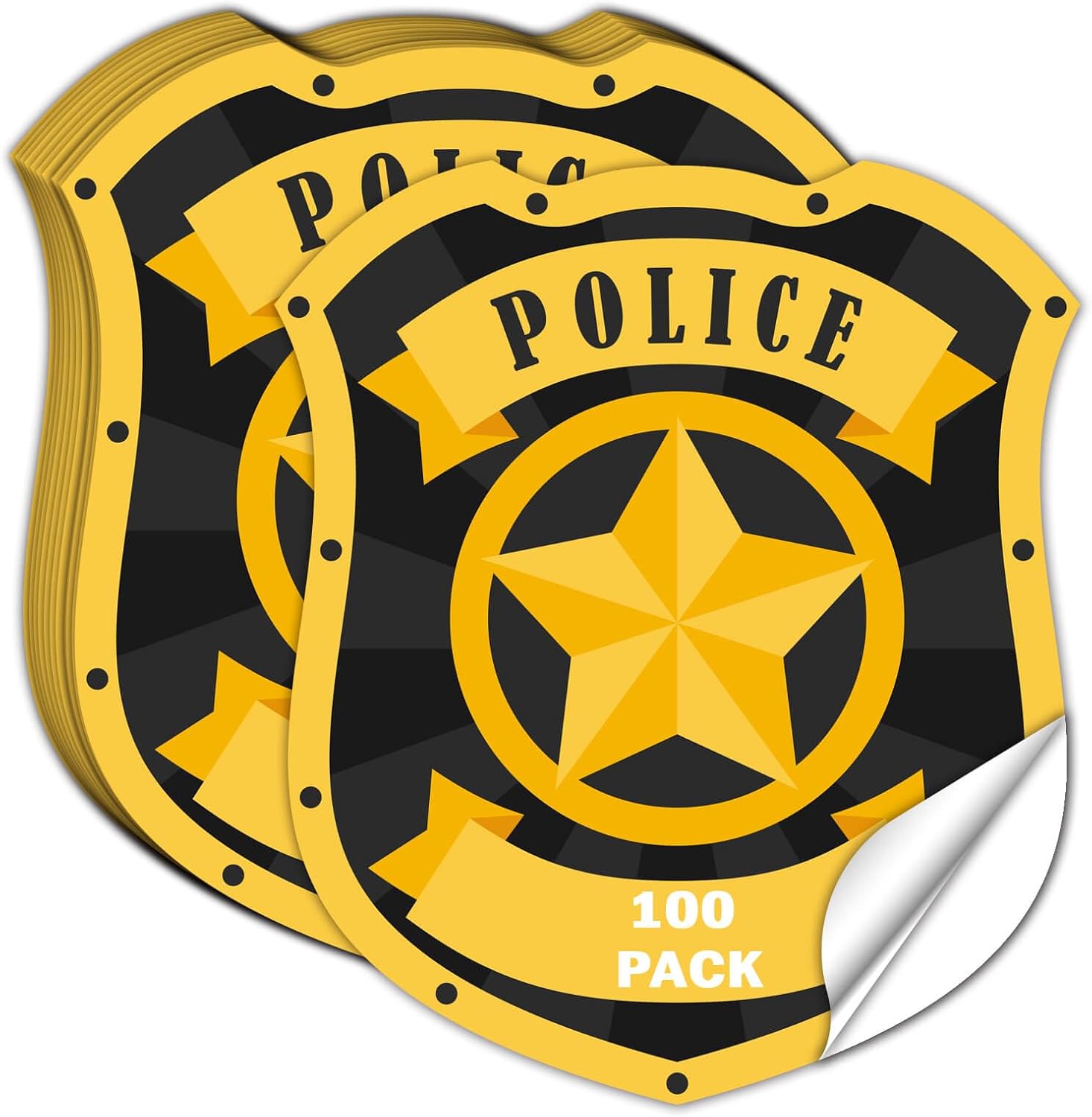 Police Badge Stickers 100pcs Self-Adhesive Name Tags for Kids Theme Parties & Birthday Favors - 2.36 x 2 Inch Yellow