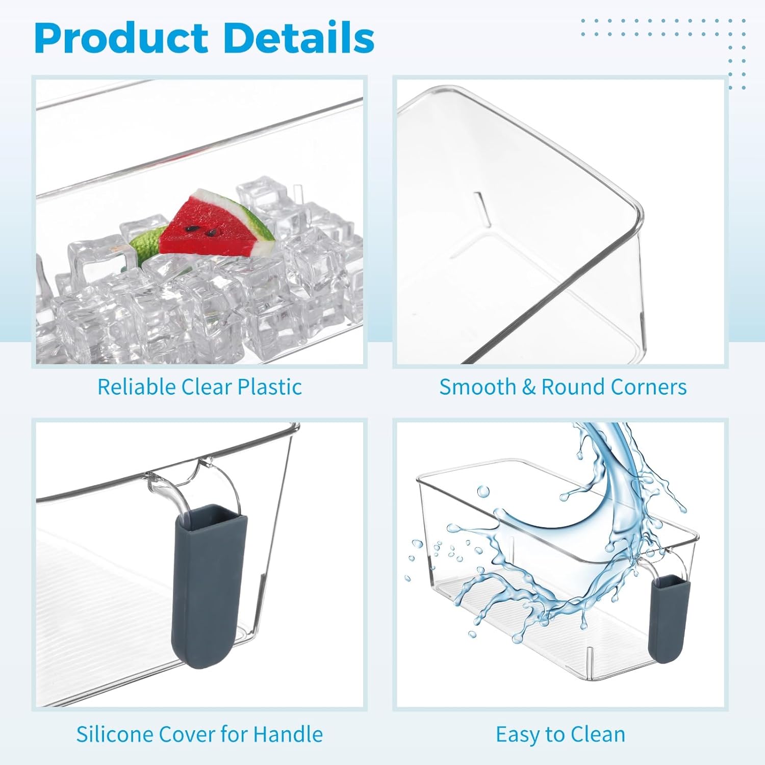 2 Pcs Ice Bin with Scoop and Tong, Ice Bucket with Pull-Out Handle for Freezer, 2 Sizes Clear Plastic Ice Container for DIY Drink Summer Party, 12.2 x 6.9 x 4.3 in, 12.2 x 4.9 x 4.3 in, Dark Blue