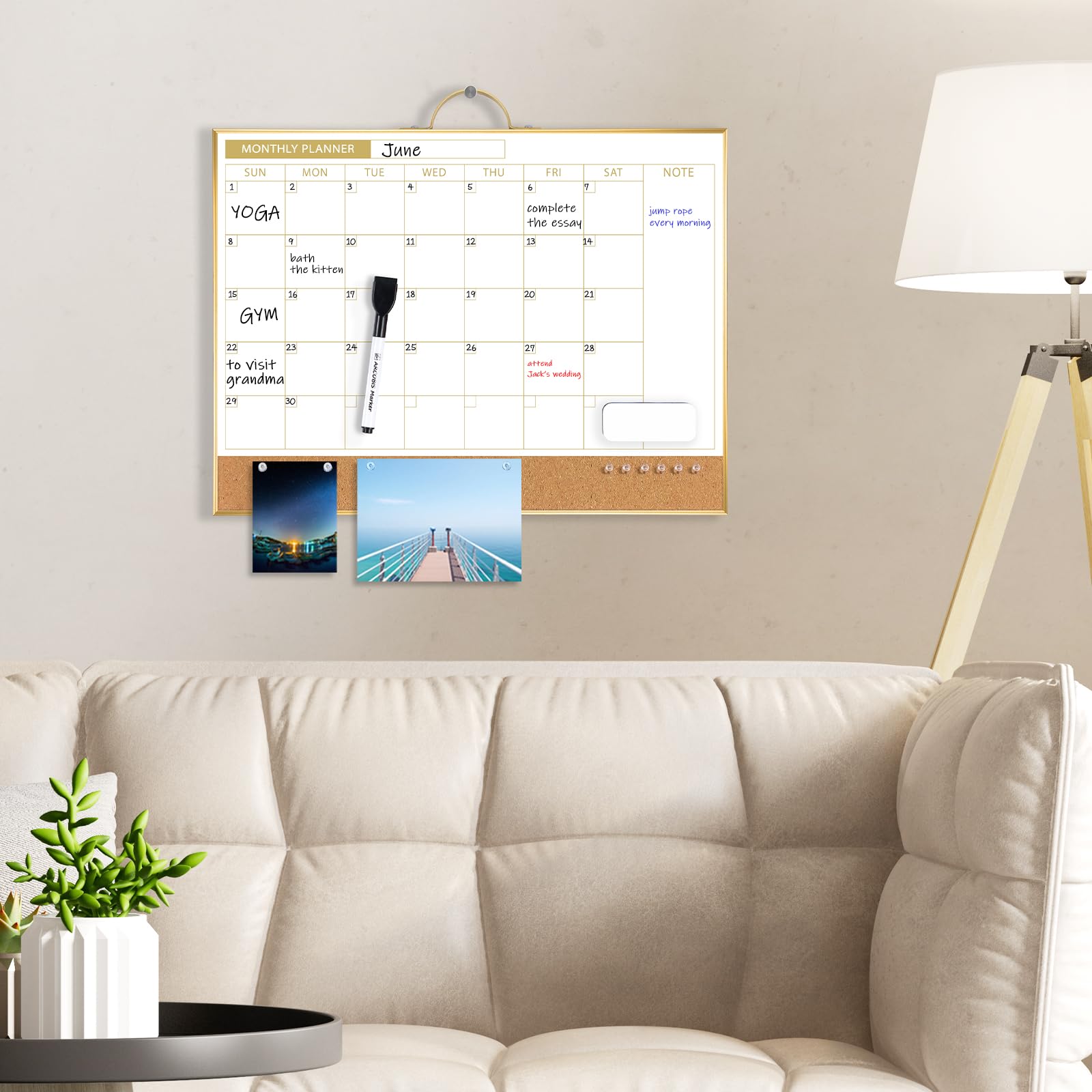 ARCOBIS Calendario cancellabile a secco con lavagna in sughero da parete, 30,5 x 40,6 cm, calendario bifacciale e lavagna magnetica mensile per casa, ufficio, scuola