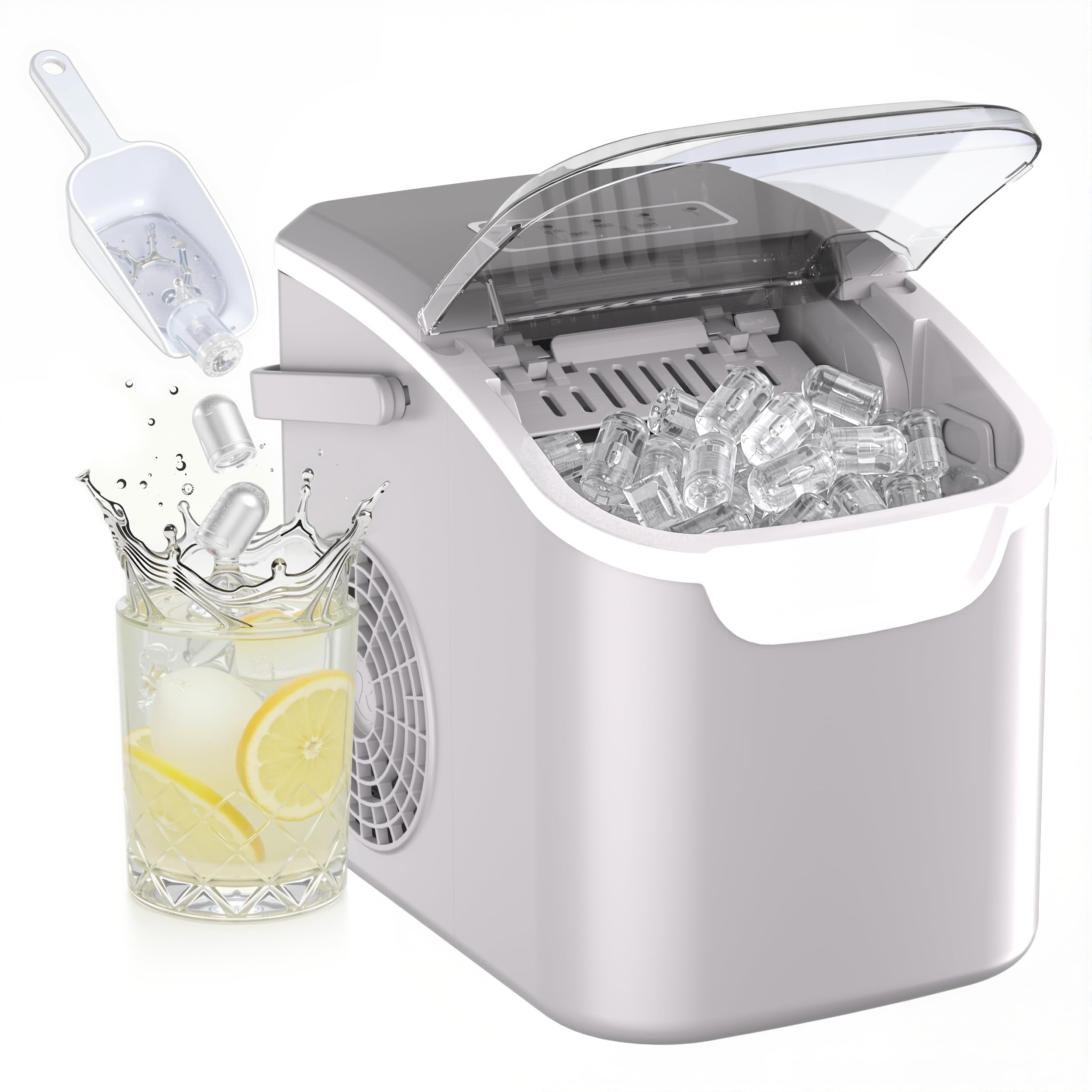 Kismile Portable Ice Maker Countertop, 8 Ice Cubes in 6 Mins, 26lbs/24H, Compact Ice Maker Machine with Carry Handle, Basket & Scoop, Self-Cleaning, for Home, Kitchen, Office, Grey