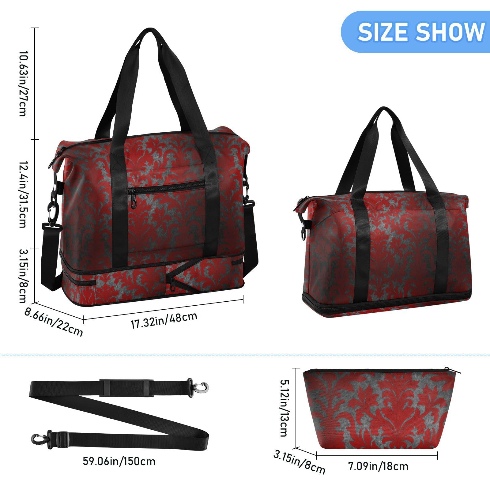 Sac de voyage gothique rouge foncé à motif floral rétro avec poche humide, sangle réglable, sac d'entraînement de sport pour la randonnée, imperméable pour homme et femme