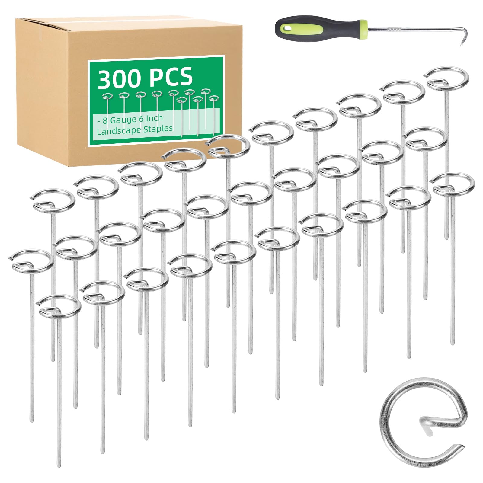 150 Pack G-Shaped Garden Stakes, Thickened 8 Gauge Circle Top Landscape Staples Heavy Duty Galvanized Landscape Fabric Pins for Securing Weed Barrier, Turf, Lawn, Fence, Tent (15cm/6Inch)