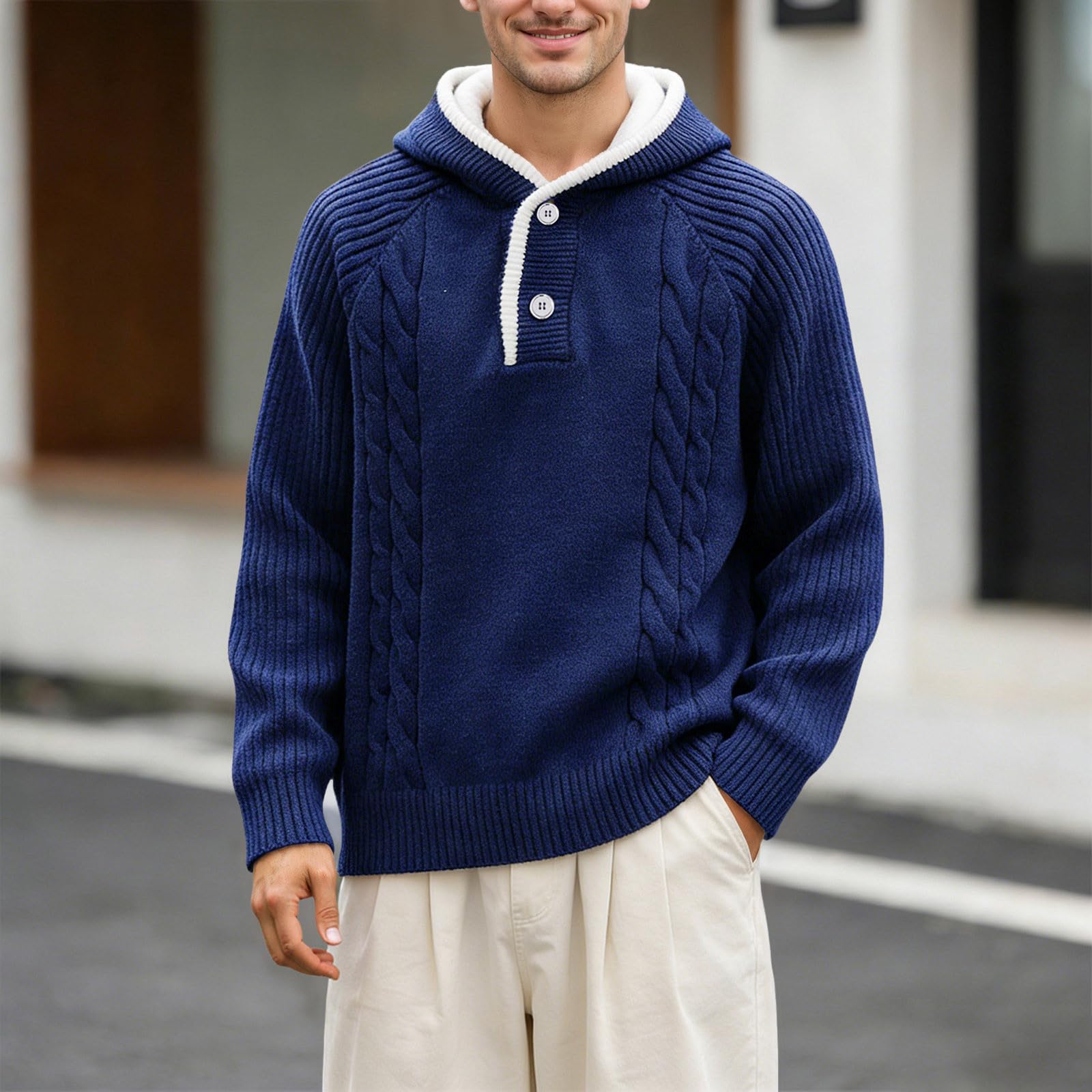 Maglione Uomo Invernale Lana Con Cappuccio Bottoni A Treccia Oversize
