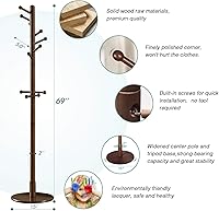 Vista 2 de Perchero de madera resistente, árbol de entrada con base redonda sólida para sombrero, ropa, bolso, bufandas, bolsos, paraguas (marrón, 11 ganchos)
