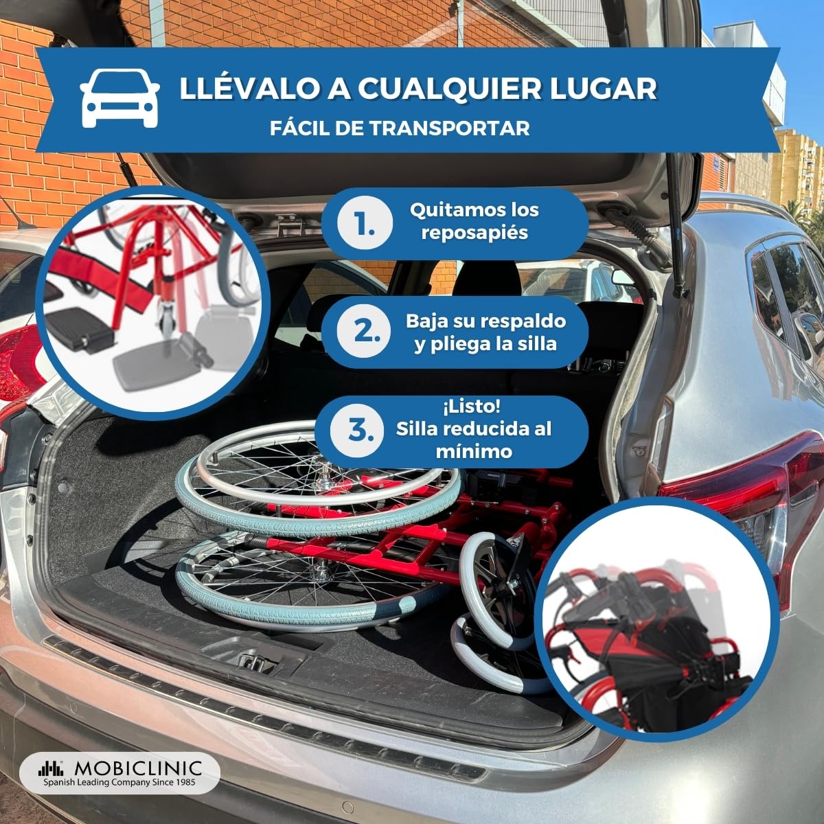 Mobiclinic®, Silla de ruedas plegable, Aluminio, Doble sistema frenado, Reposapiés abatibles y extraíbles, Reposabrazos, Respaldo partido, Asiento 44 cm, Ultraligera
