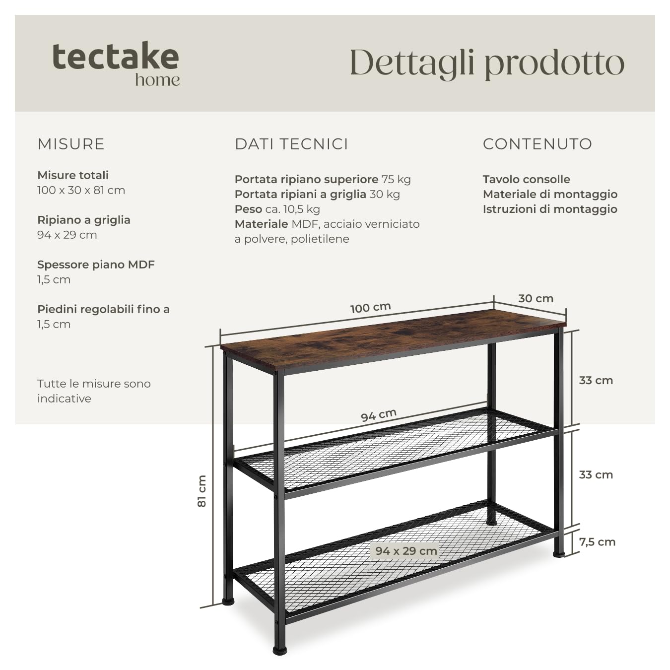 tectake® Tavolo Console, Struttura in Acciaio, Piano in Legno, Due Grandi Piani in Reticolato, Piedi Regolabili, Soggirno, Stile Industriale - Legno Industriale Scuro, Rustico