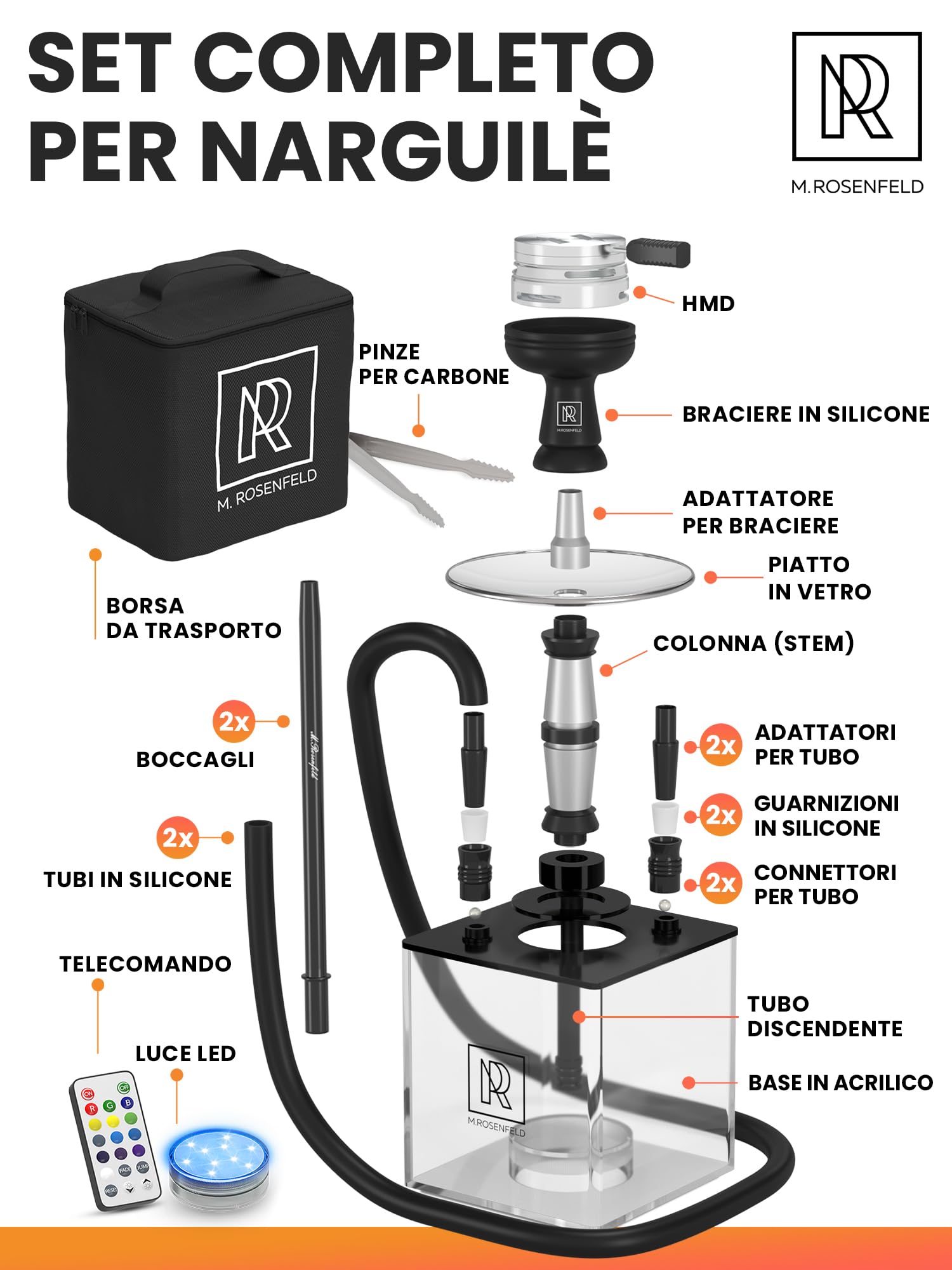M. ROSENFELD Narghilè Completo Professionale 2 Tubi con LED - Shisha Portatile Premium Set HMD + Borsa Viaggio - Hookah Alluminio con Accessori