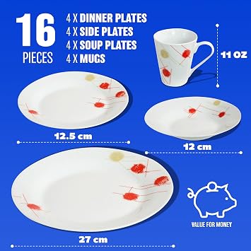 16 Piece Dinner Set - Cream & Red Patterns Dinnerware Set | 4 Bowls, 4 Side Plates, 4 Mugs, 4 Soup Plates | Kitchen Microwave & Dishwasher Safe | for Cereal, Desserts, Tea, Porcelain Cup, Gift