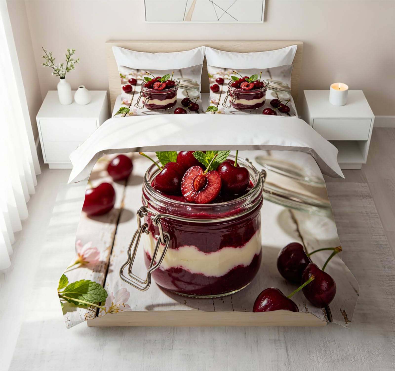Funda Nórdica Cama 135/150 Pastel de Cerezas Impresión 3D Microfibra Suave Ropa de Cama Postres Deliciosos Funda Edredon 220x240 cm con Cremallera y 2 Fundas de Almohada 50x75 cm l.1250