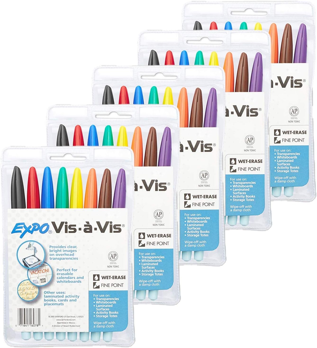 EXPO 16078 Vis-A-Vis Wet-Erase Overhead Transparency Markers, Fine Point, Assorted Colors, 5 Packages (8-Count)