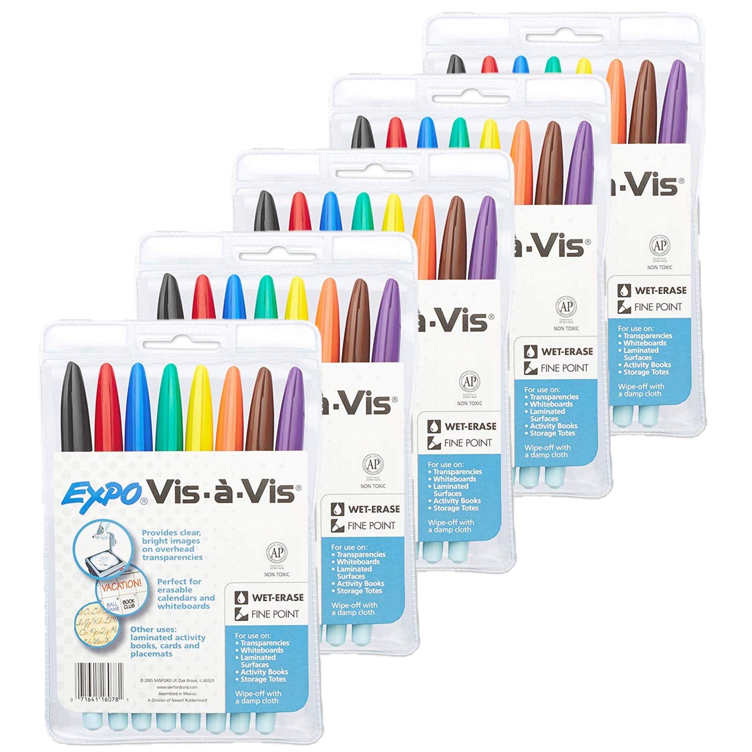 EXPO 16078 Vis-A-Vis Wet-Erase Overhead Transparency Markers, Fine Point, Assorted Colors, 5 Packages (8-Count)