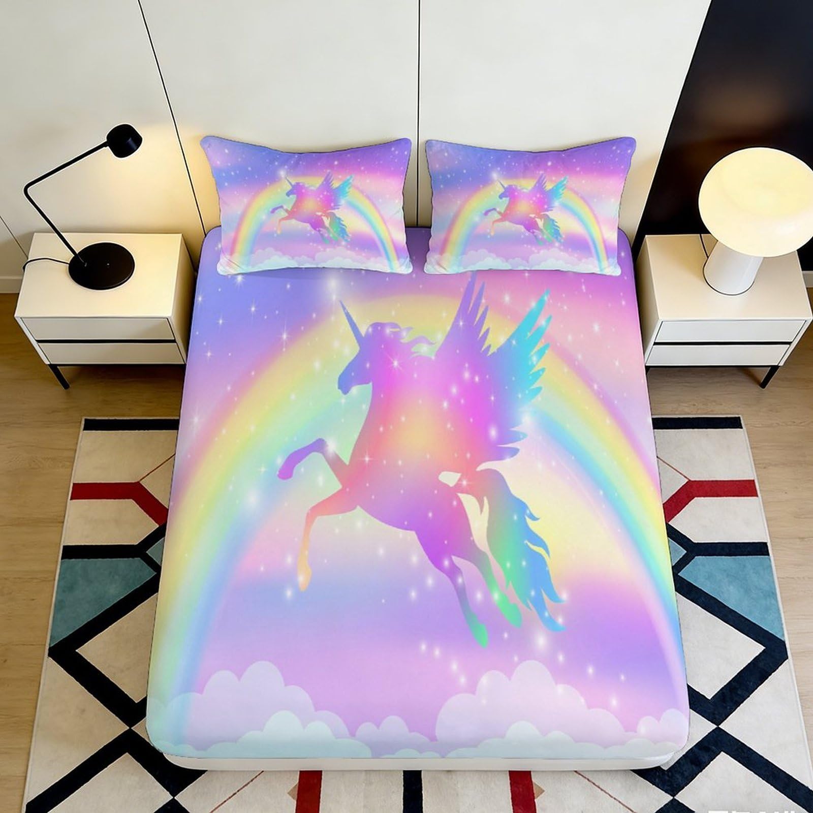 3D Printed Rainbow Unicorn Fitted Sheet Microfiber Soft Pastel Color Mattress Cover for Bedroom Guest Room Decorative Protection 90x200x25cm