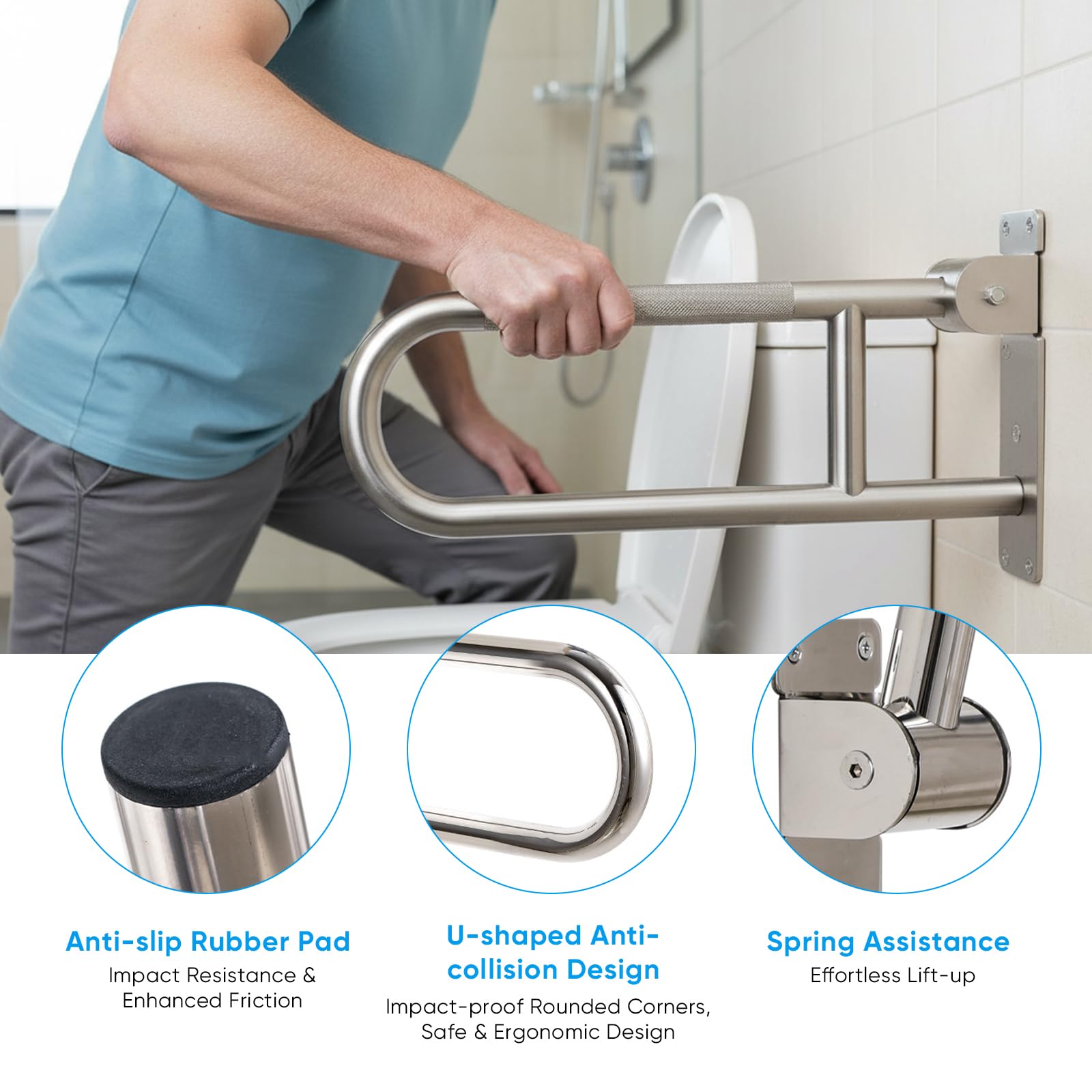 Maniglione Ribaltabile Bagno Wc, Acciaio Inossidabile Opaco Antiscivolo con Corrimano di Supporto Parete 90 Pieghevole Sicurezza Doccia Toilette - Argento - 60cm