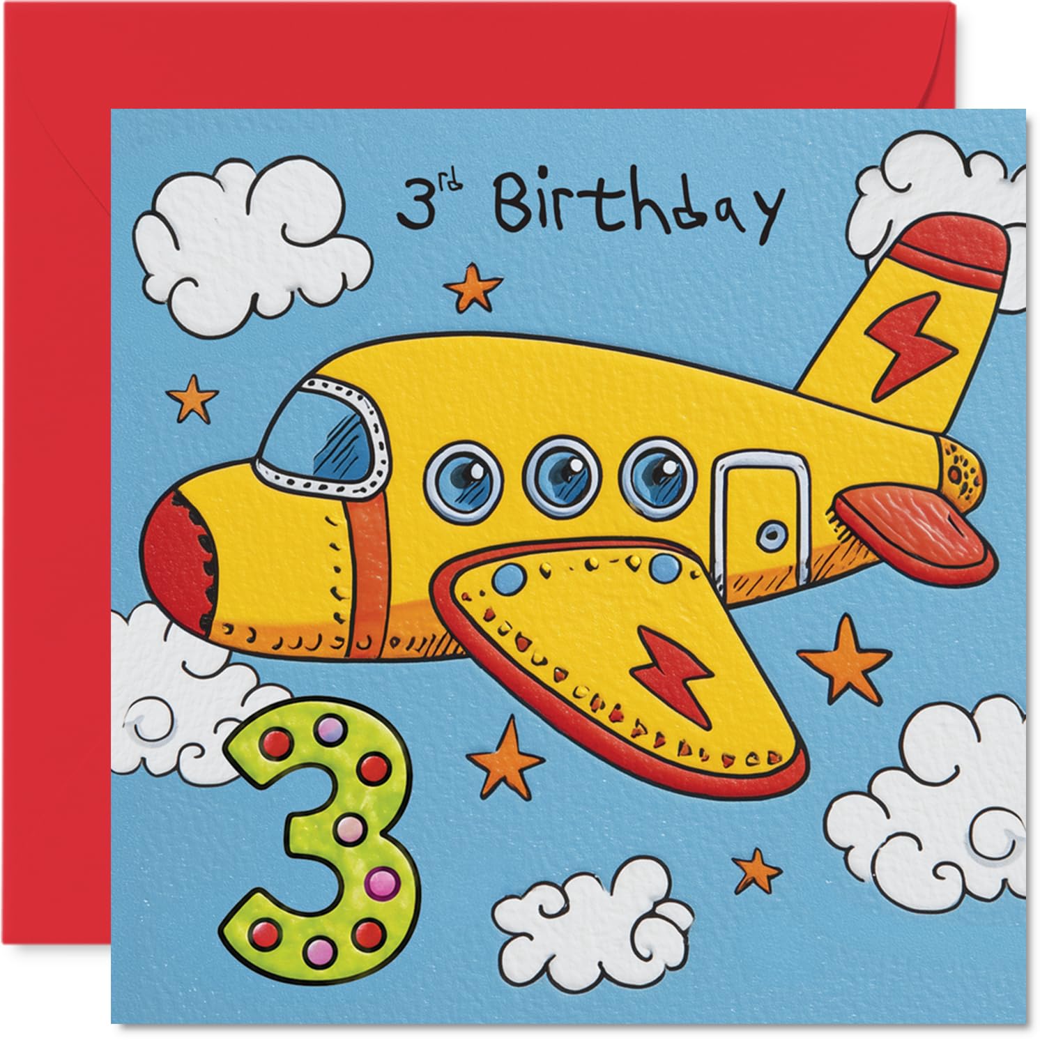 Playful 3rd Birthday Card - Up, Up and Hooray! - Cartoon Aeroplane with Cheerful Clouds and Stars - Bright Colours and Lively Third Birthday Fun - 145mm Square, Envelope Included