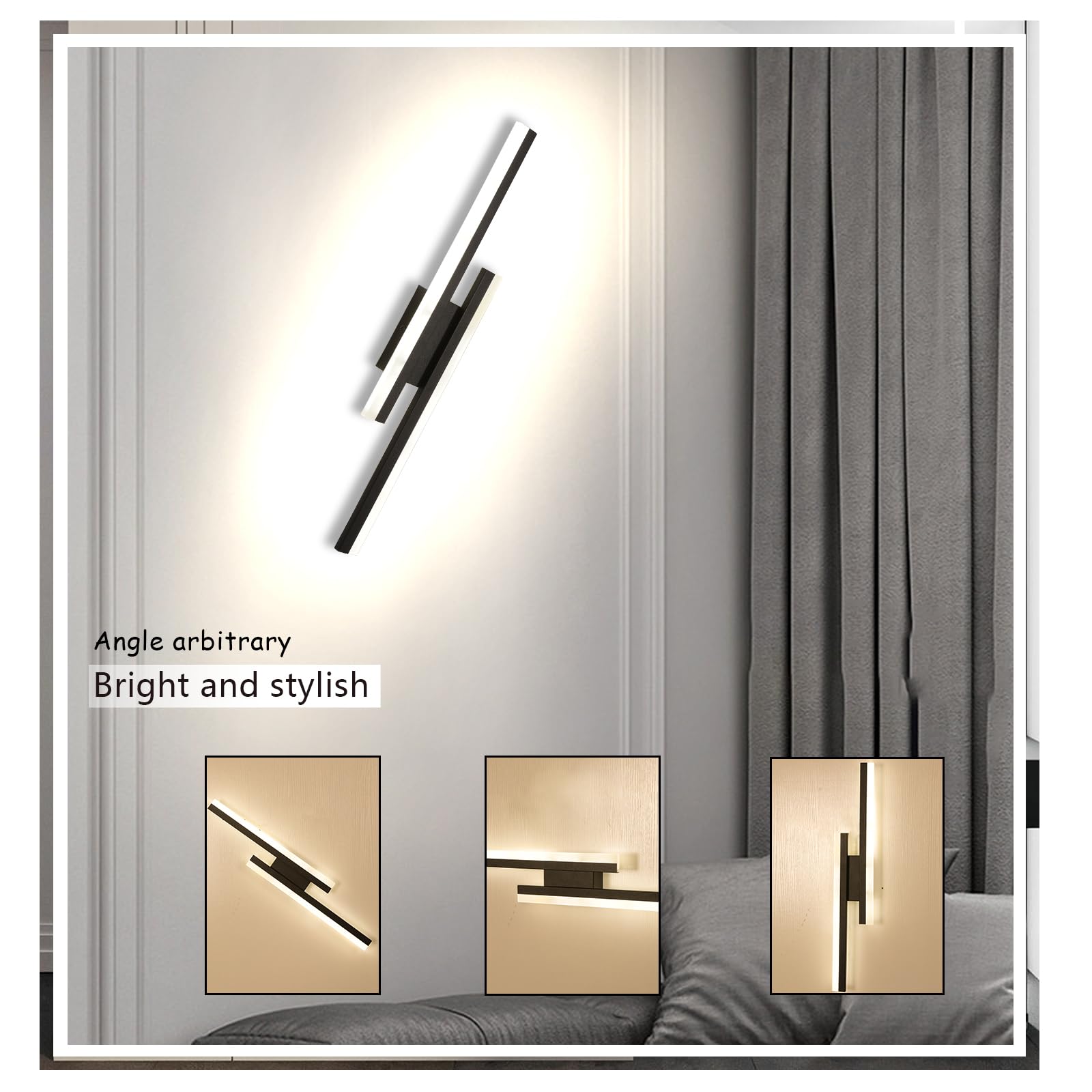 LIGKIN 16W LED Modern Indoor Wall Light, 3000K Warm White Wall Sconces, Simple Long Aluminium Rectangular Black Wall Light - Image 4