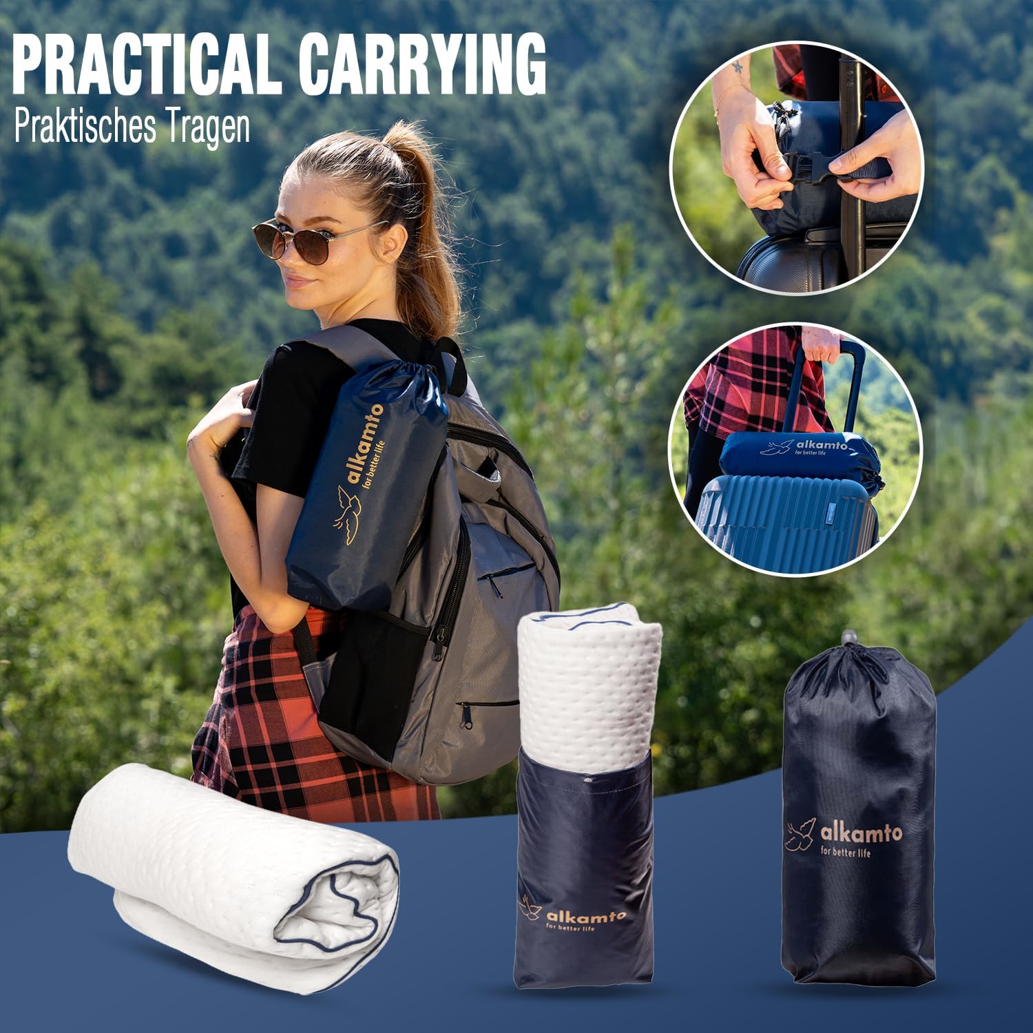 alkamto Almohada de Viaje Almohada de Camping – Espuma viscoelástica con Funda de algodón Adicional – Bolsa incluida
