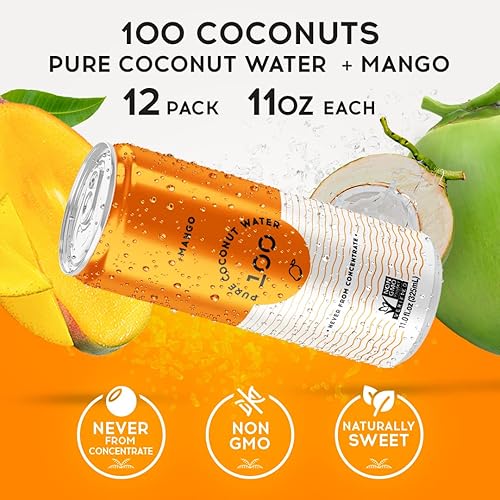 Miniatura 3 de 100 Coconuts Mango Pure Coconut - Agua de coco 100% pura - Bebida completamente natural baja en calorías con electrolitos - Naturalmente dulce, sin