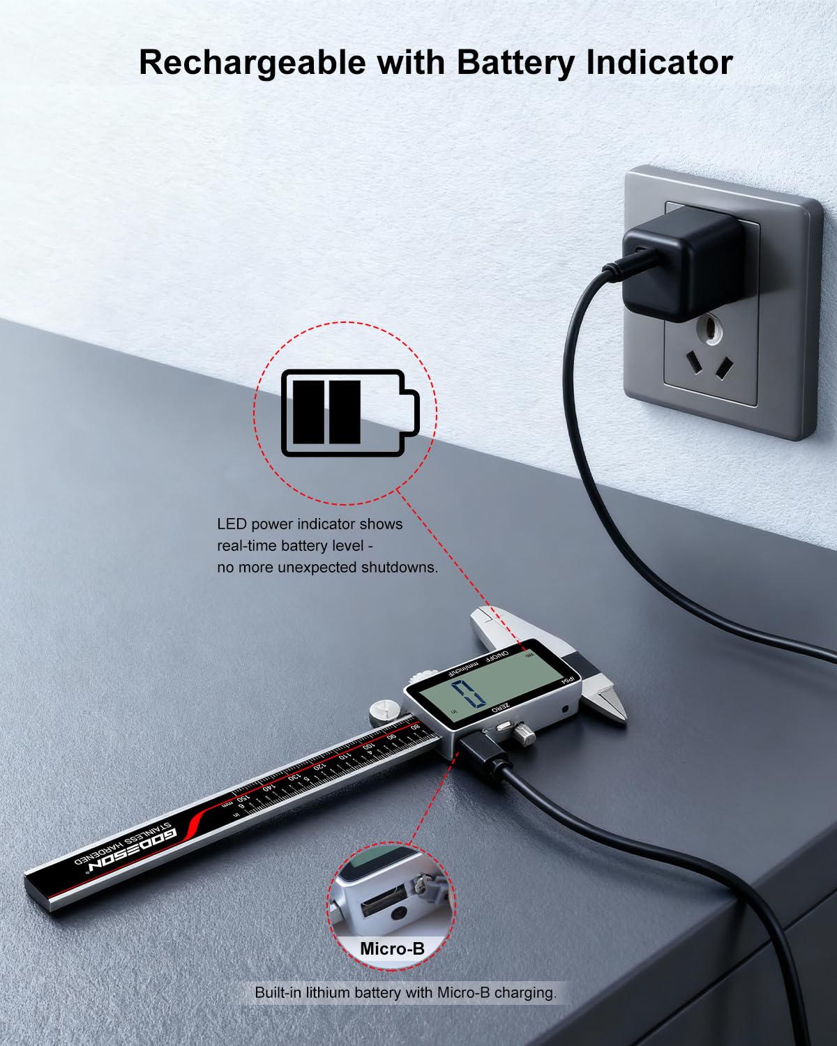 GODESON Calibrador digital, herramienta de medición de calibrador IP54, acero inoxidable y pantalla LCD grande, micrómetro digital recargable, pantalla en pulgadas/métrica/fracciones, calibradores