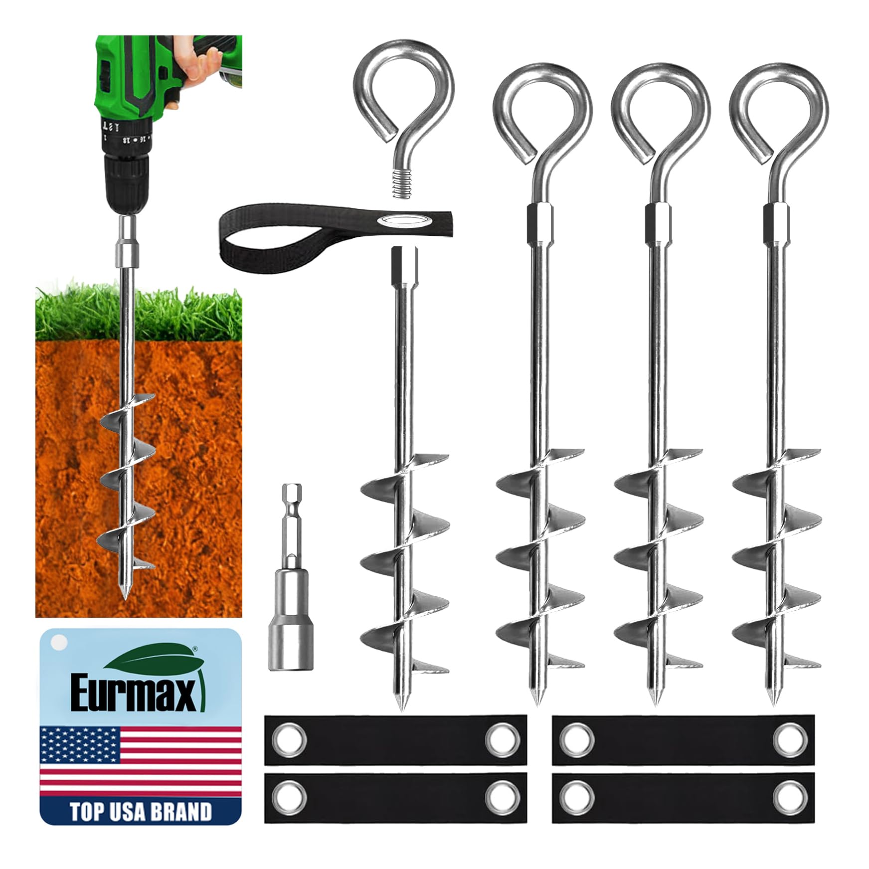 Eurmax USA 4 Pack Heavy Duty Ground Stakes&amp;Anchors,Commercial Spiral Screw-in Trampoline Stakes with Reinforced Tie-Down Straps,High Wind Stabilizing Kit for Canopies,Outdoor Sheds,Swing Sets(Silver)