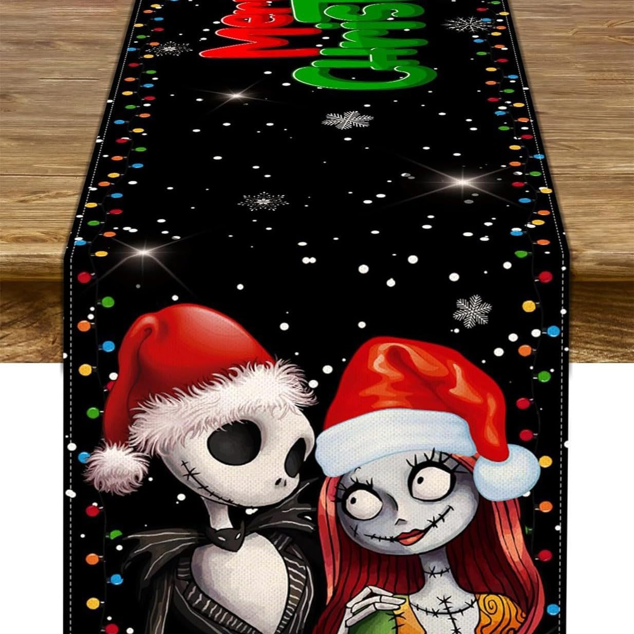 Nightmare Before Christmas Table Runner Halloween Table Runner Jack Skellington Sally Decorations Christmas Xmas Winter Holiday Home Kitchen Dinging Room Table Decorations (A)