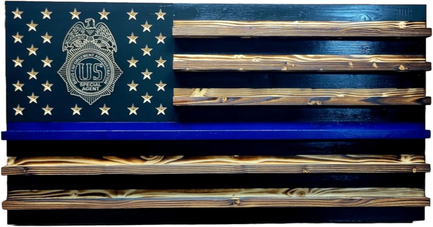 DEA Special Agent Thin Blue Line Challenge Coin Holder Display, Wooden Shelves hold 90-100 Coins, for Military, Police, Law Enforcement, First Responders, Custom Handmade Quality, Made in Texas
