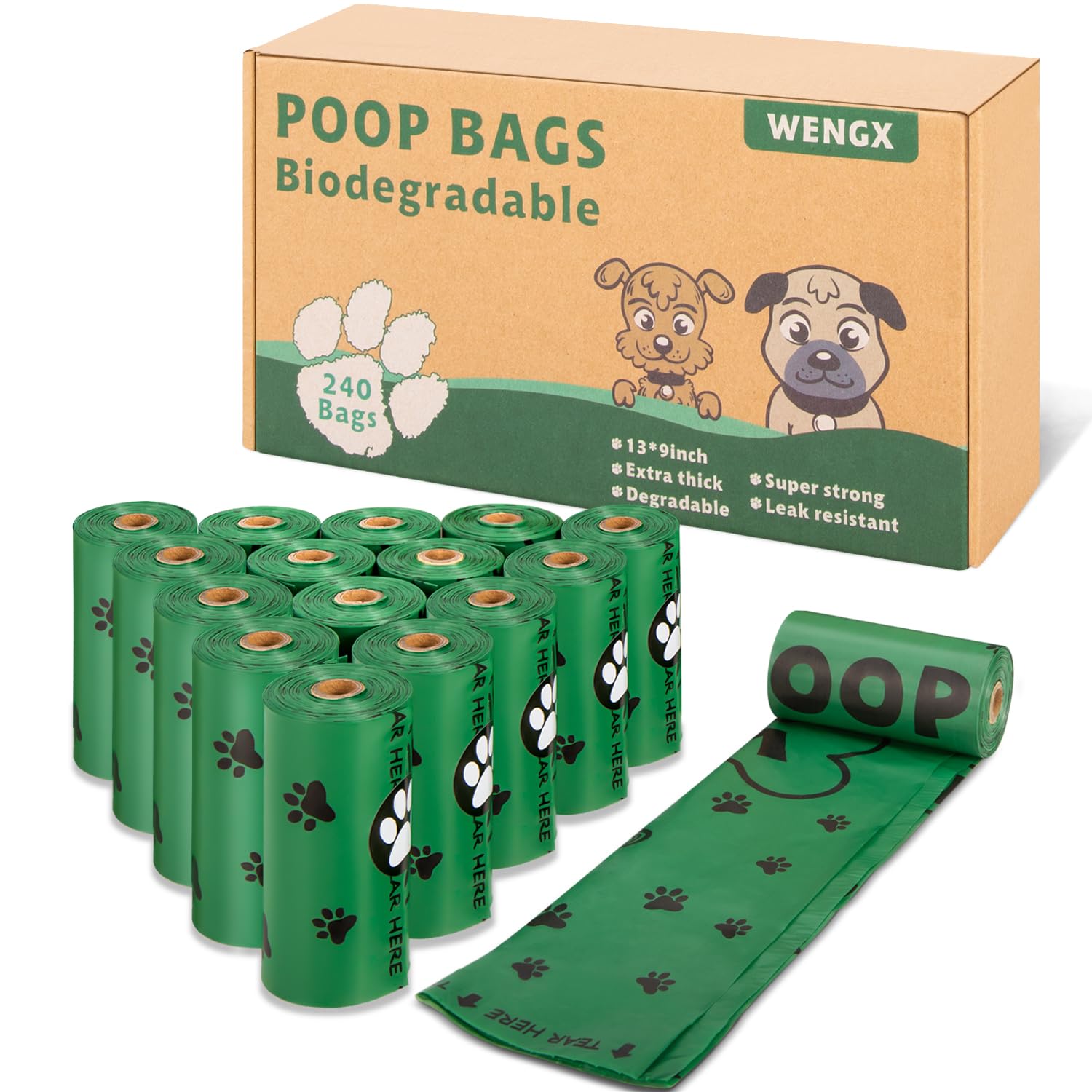 Wengx Green Poo Bags For Dog Waste, 240 Large Poop Bags Super Strong 100% Leak Proof Pet Waste Bag Rolls