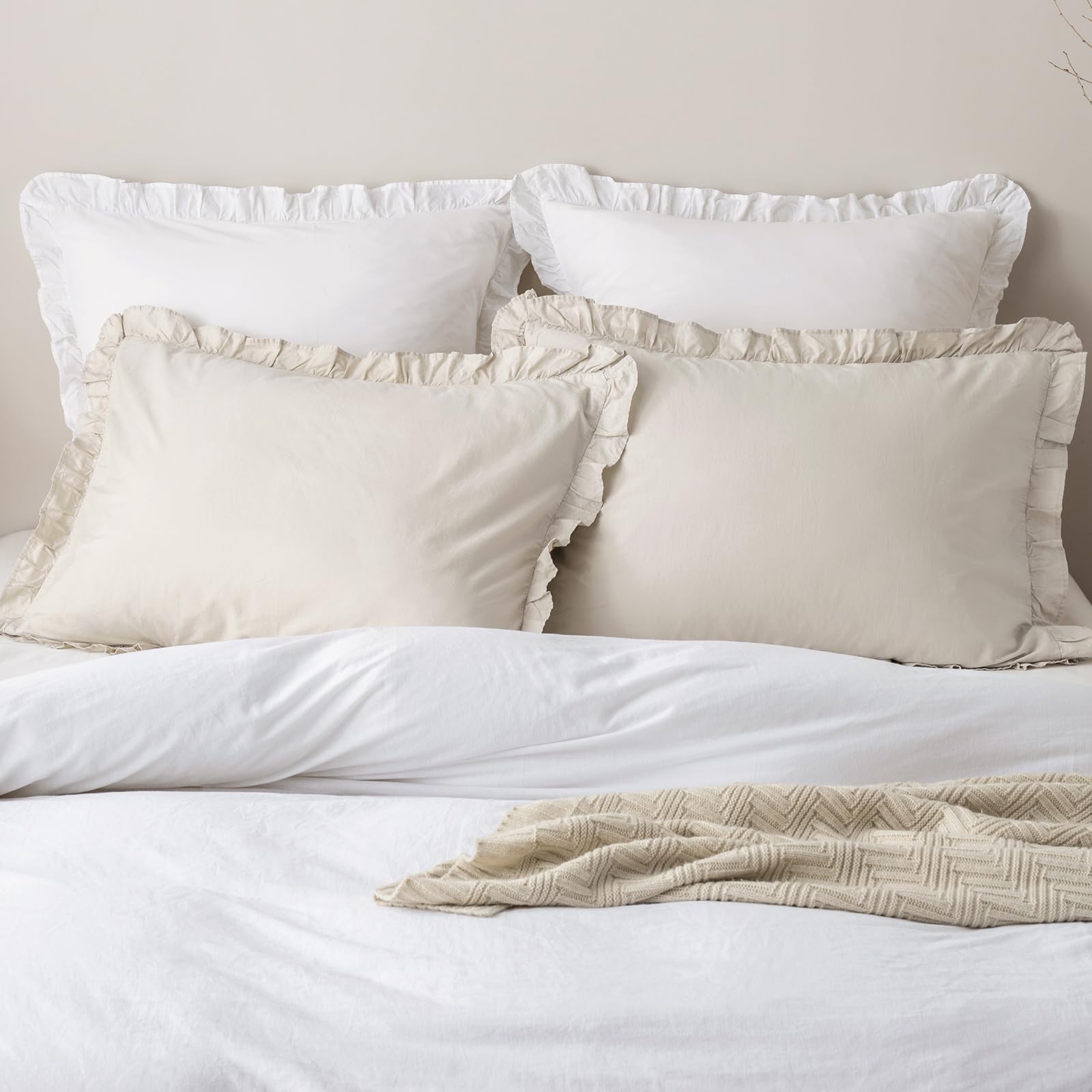 PHF 100% Washed Cotton Ruffle Pillowcases King Size, 2 Pack 20" X 36" Pillow Shams, No Insert, Ultra Soft Cotton Pillow Cases,Decorative Farmhouse Bedding, Linen/Oatmeal โ image 1
